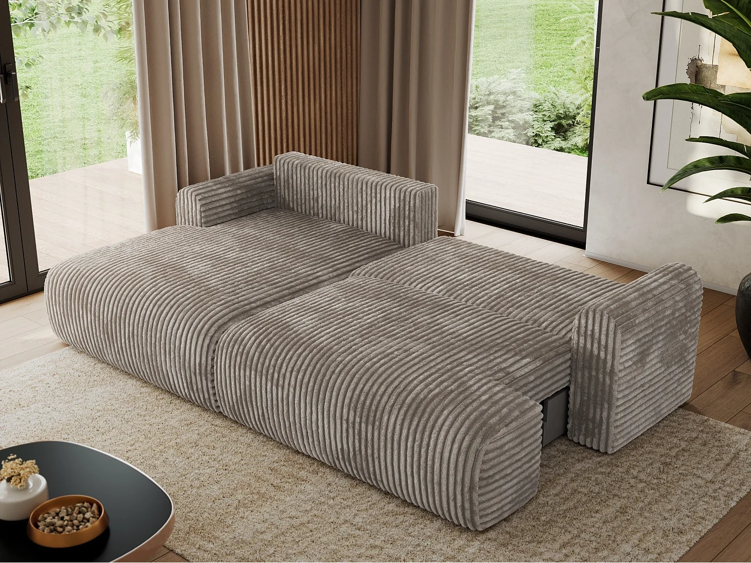 Ecksofa TONO - mit Schlaffunktion und Bettkasten, L-form Ecke, Armlehnen - Hellbraun Cord - Ecke Links