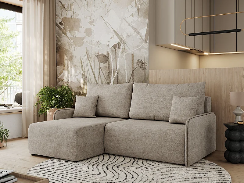 Ecksofa ARPA - L-form Schlaffsofa, Bettkasten und lose Kissen, Armlehnen - Beige Struktur - Ecke Links