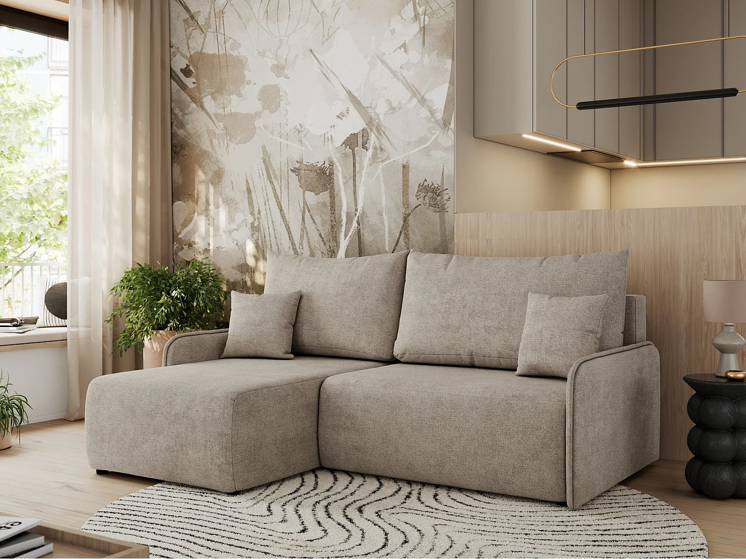 Ecksofa ARPA - L-form Schlaffsofa, Bettkasten und lose Kissen, Armlehnen - Beige Struktur - Ecke Links