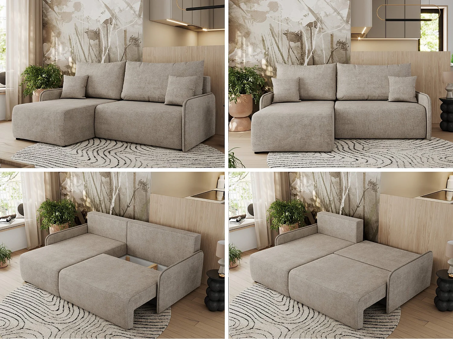 Ecksofa ARPA - L-form Schlaffsofa, Bettkasten und lose Kissen, Armlehnen - Beige Struktur - Ecke Links