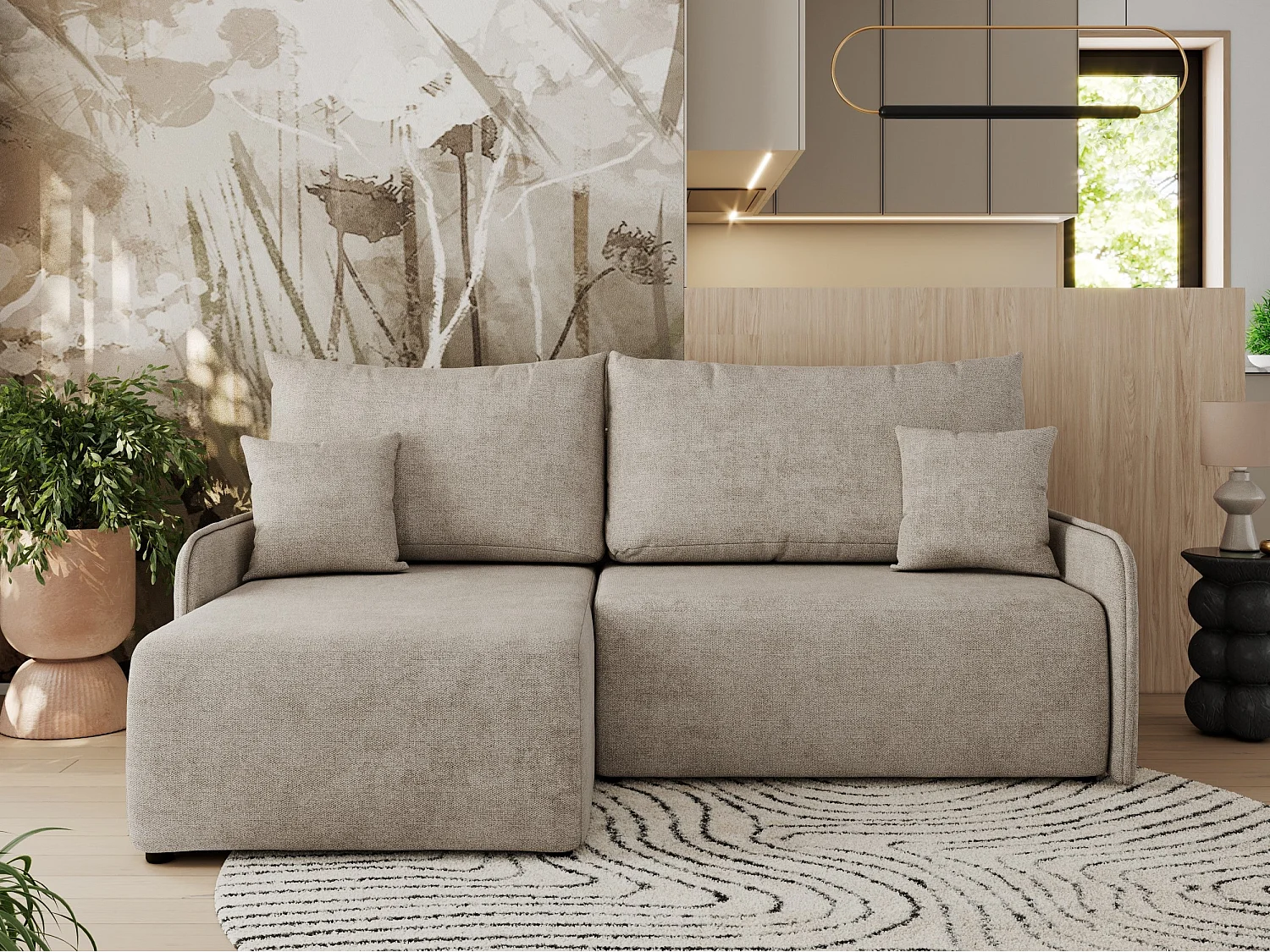 Ecksofa ARPA - L-form Schlaffsofa, Bettkasten und lose Kissen, Armlehnen - Beige Struktur - Ecke Links