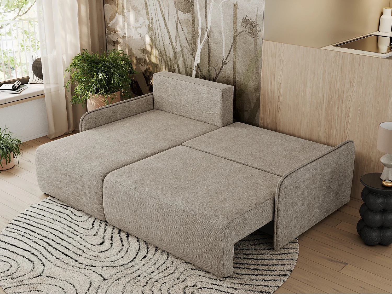 Ecksofa ARPA - L-form Schlaffsofa, Bettkasten und lose Kissen, Armlehnen - Beige Struktur - Ecke Links