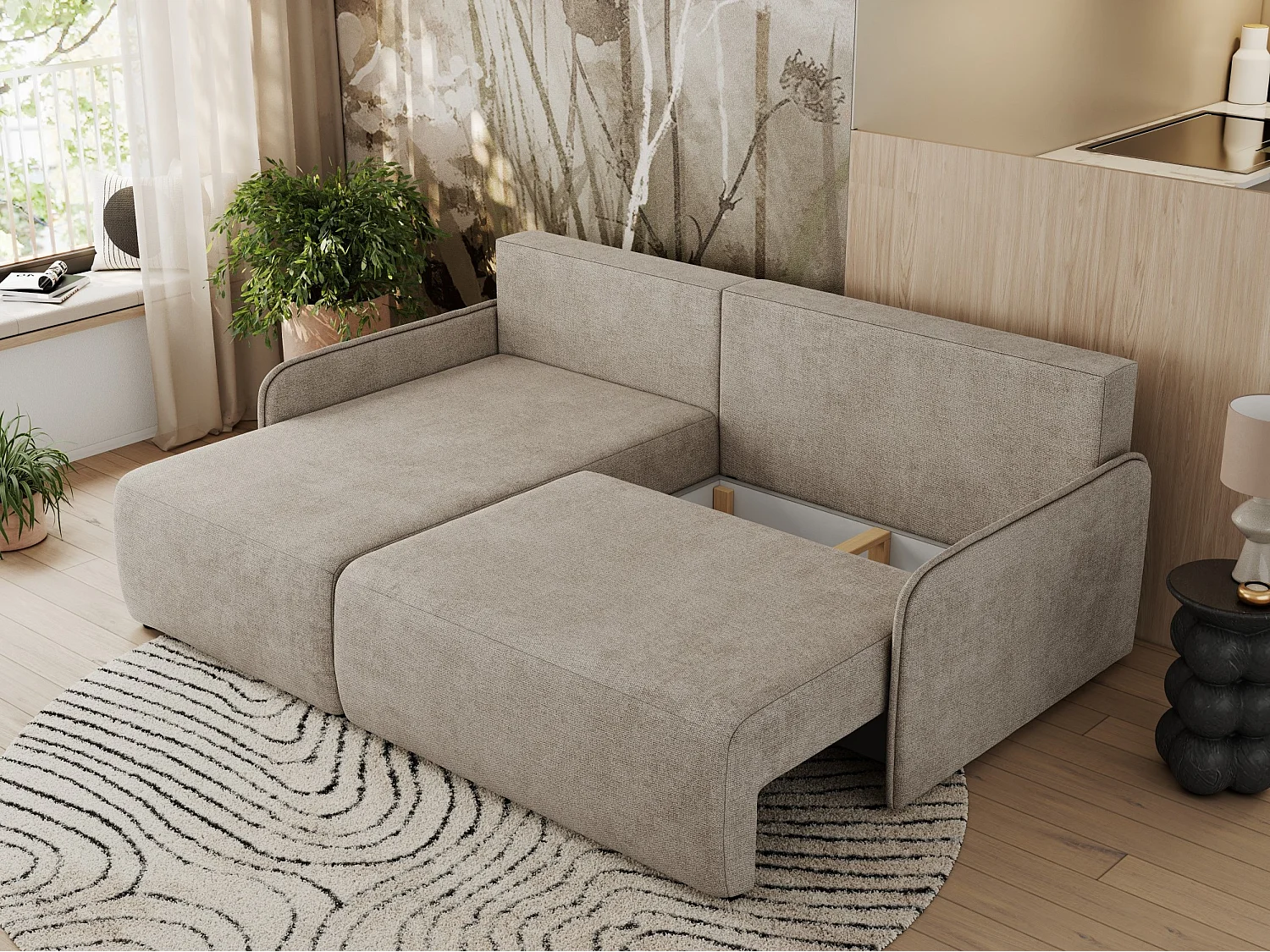 Ecksofa ARPA - L-form Schlaffsofa, Bettkasten und lose Kissen, Armlehnen - Beige Struktur - Ecke Links