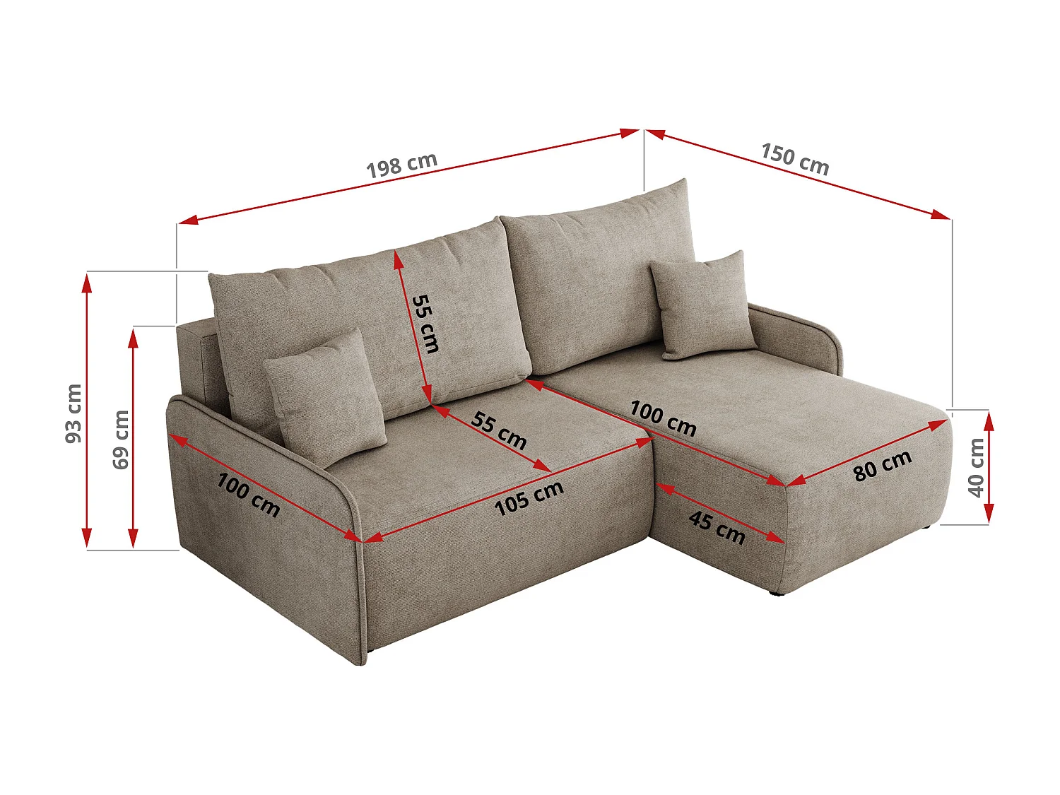 Ecksofa ARPA - L-form Schlaffsofa, Bettkasten und lose Kissen, Armlehnen - Beige Struktur - Ecke Links