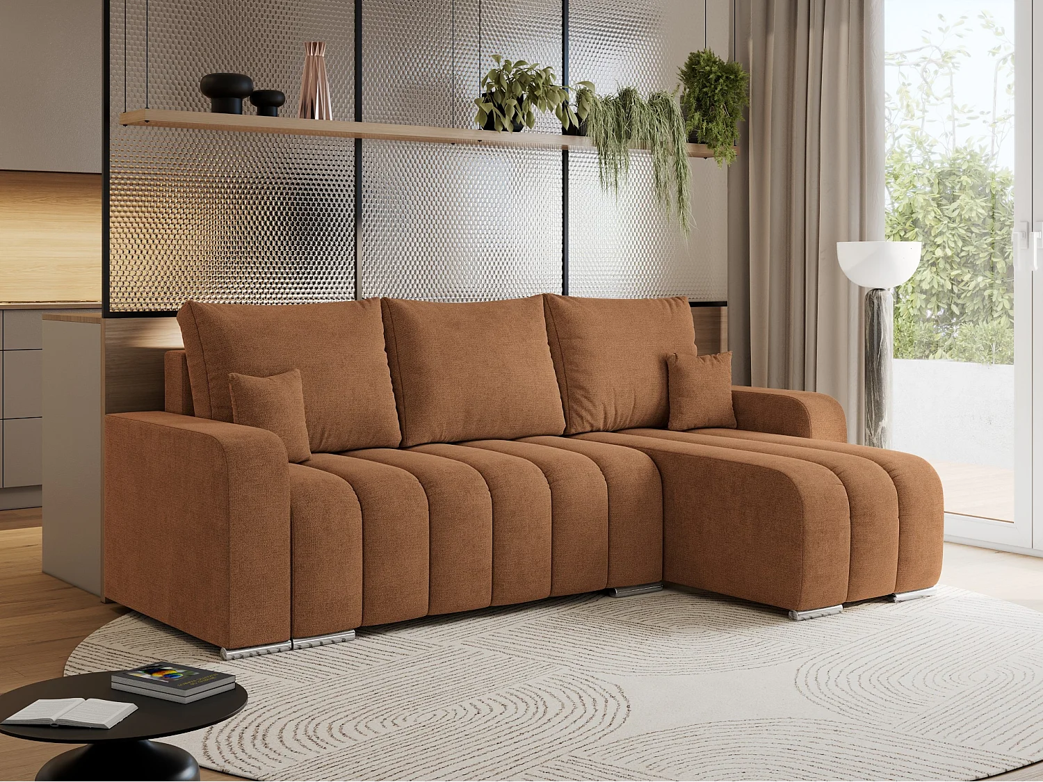 Ecksofa KIRASSO - universelles mit Schlaffunktion und Bettkasten, lose Kissen, Armlehnen - Orange Stukture
