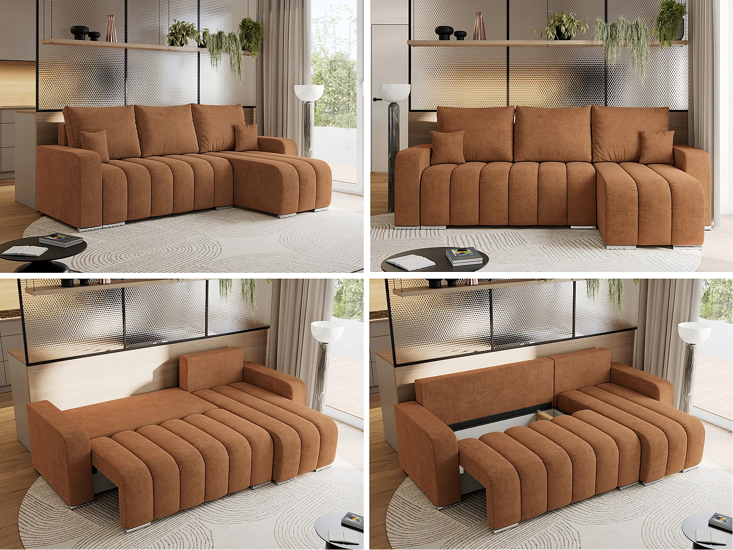 Ecksofa KIRASSO - universelles mit Schlaffunktion und Bettkasten, lose Kissen, Armlehnen - Orange Stukture