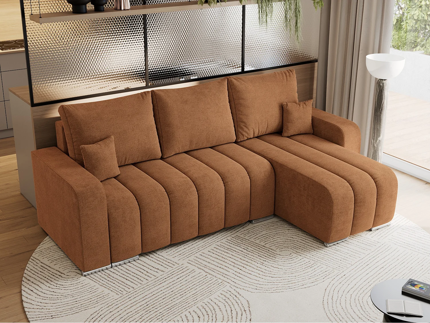 Ecksofa KIRASSO - universelles mit Schlaffunktion und Bettkasten, lose Kissen, Armlehnen - Orange Stukture