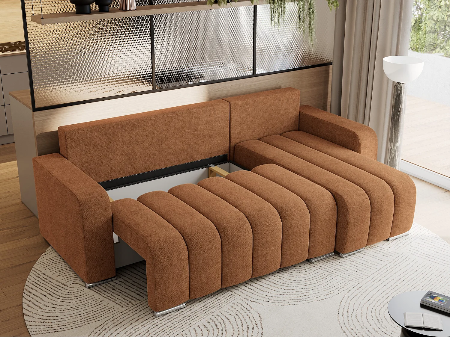 Ecksofa KIRASSO - universelles mit Schlaffunktion und Bettkasten, lose Kissen, Armlehnen - Orange Stukture