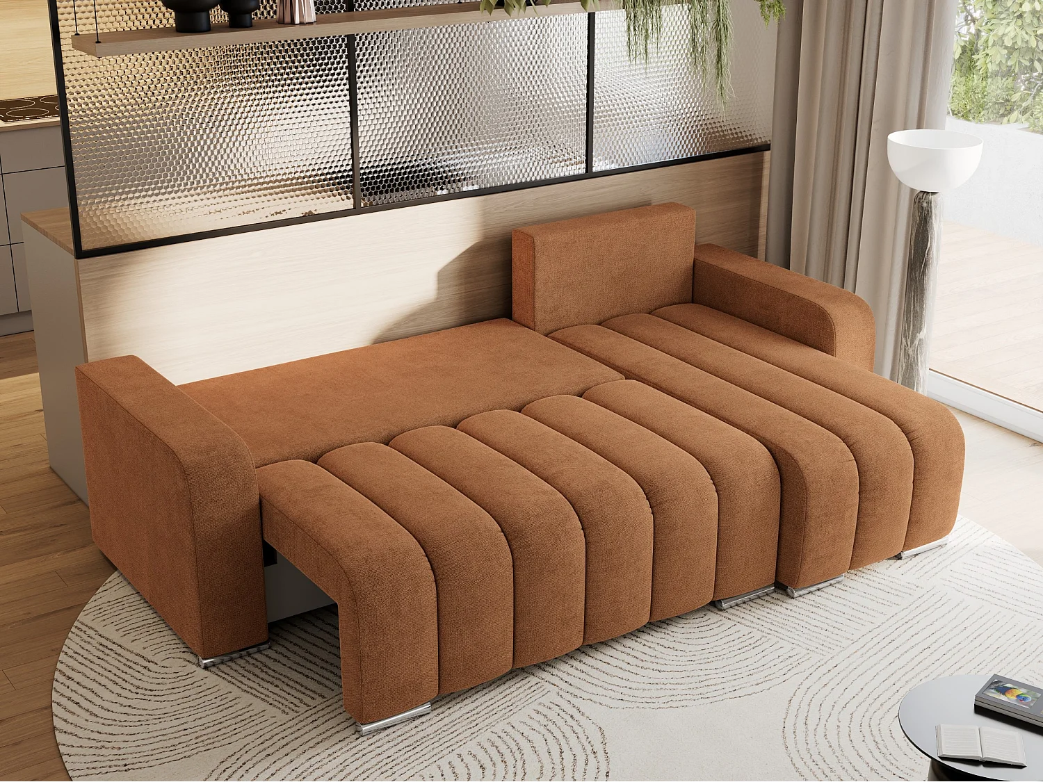 Ecksofa KIRASSO - universelles mit Schlaffunktion und Bettkasten, lose Kissen, Armlehnen - Orange Stukture