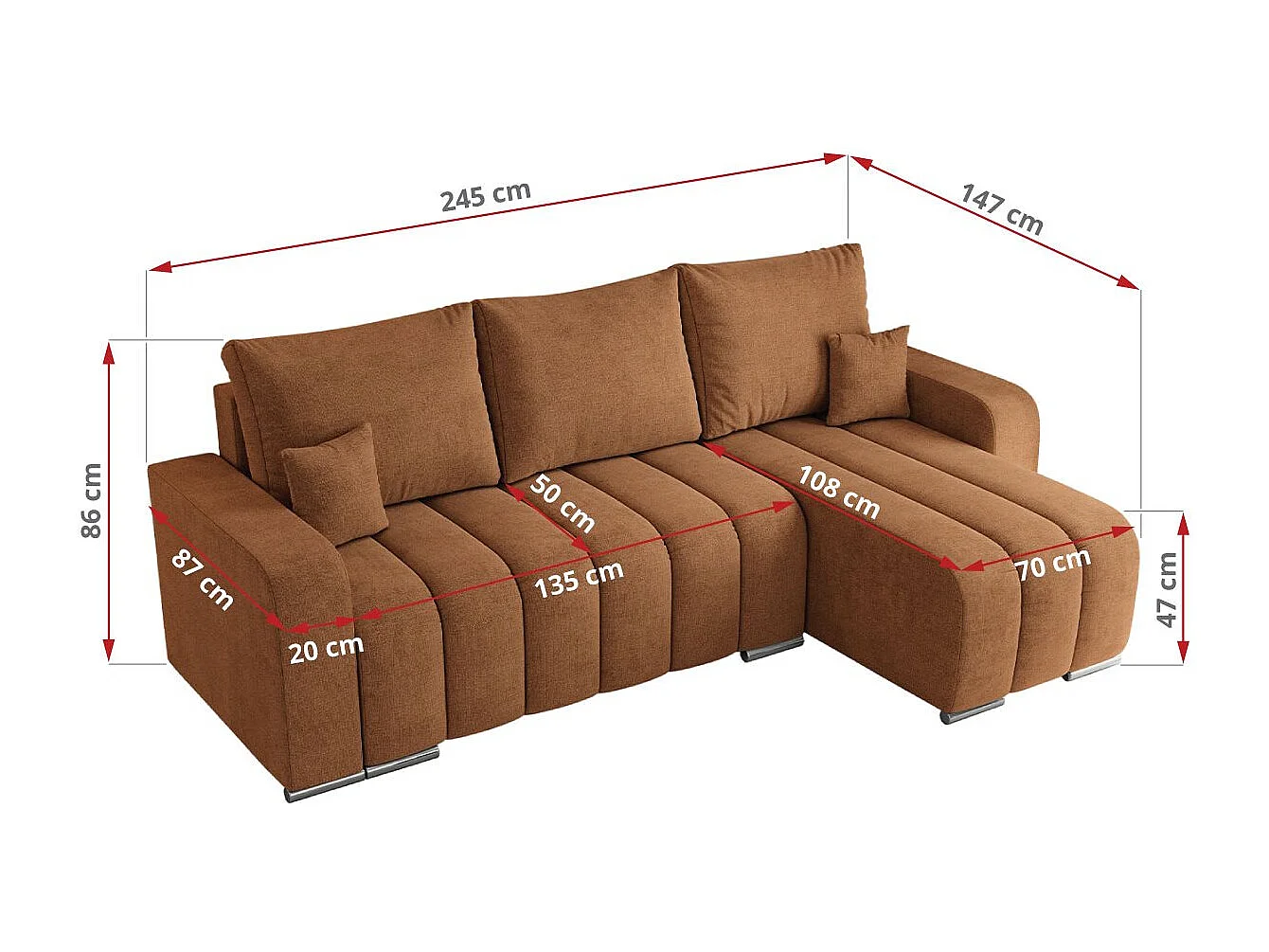 Ecksofa KIRASSO - universelles mit Schlaffunktion und Bettkasten, lose Kissen, Armlehnen - Orange Stukture