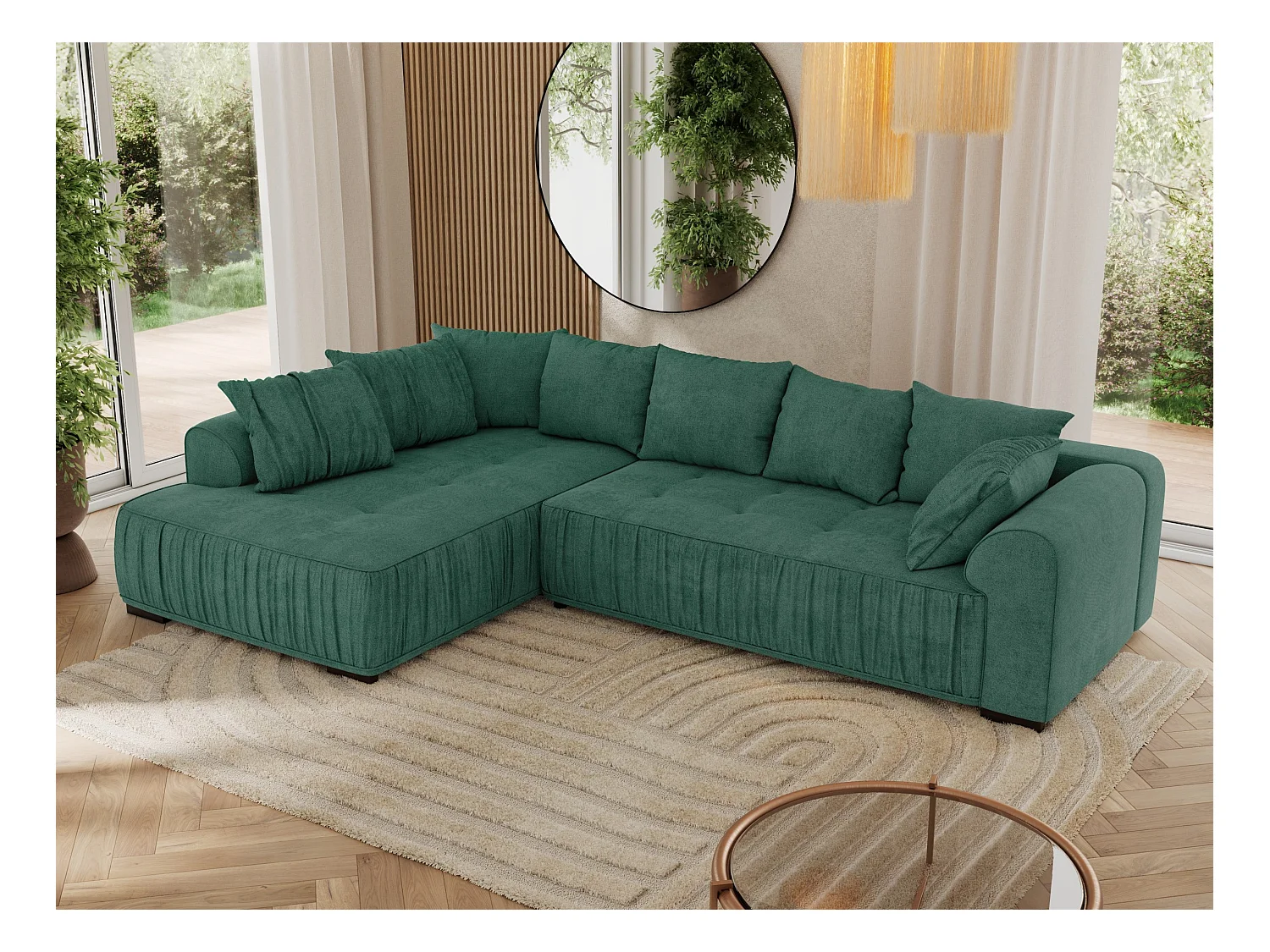 Ecksofa ORTA - Schlaffunktion und Bettkasten, lose Kissen, gesteppter Sitz, L-förmige Ecke - Grün Stukture - Ecke Links