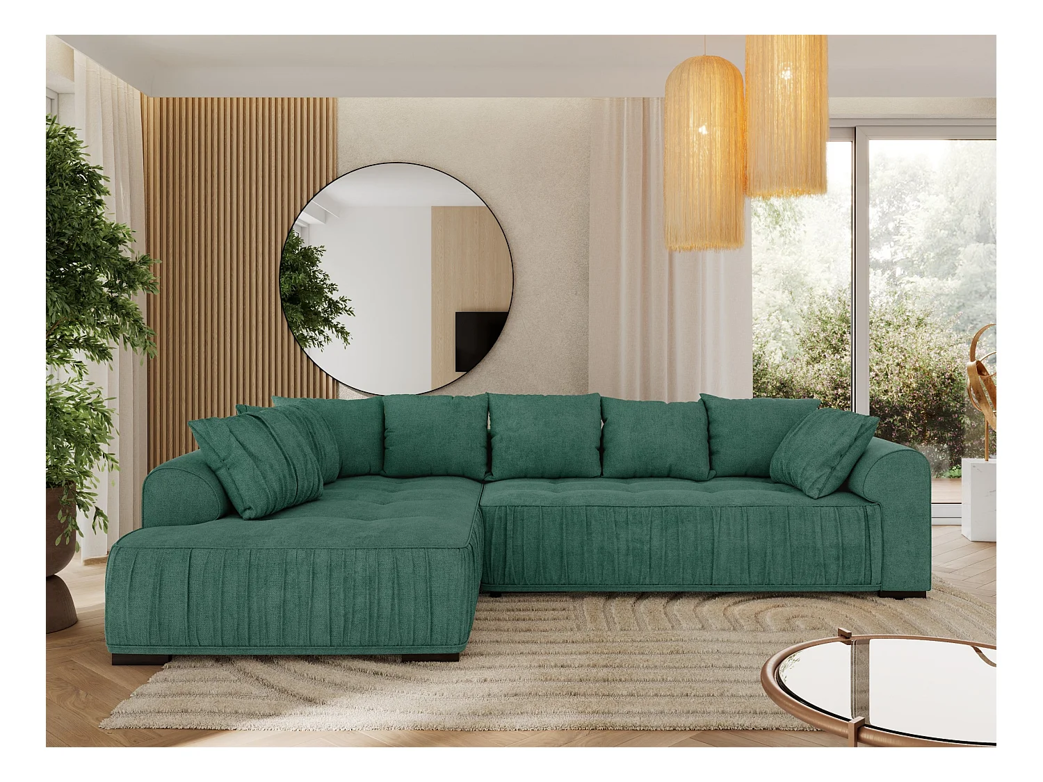 Ecksofa ORTA - Schlaffunktion und Bettkasten, lose Kissen, gesteppter Sitz, L-förmige Ecke - Grün Stukture - Ecke Links