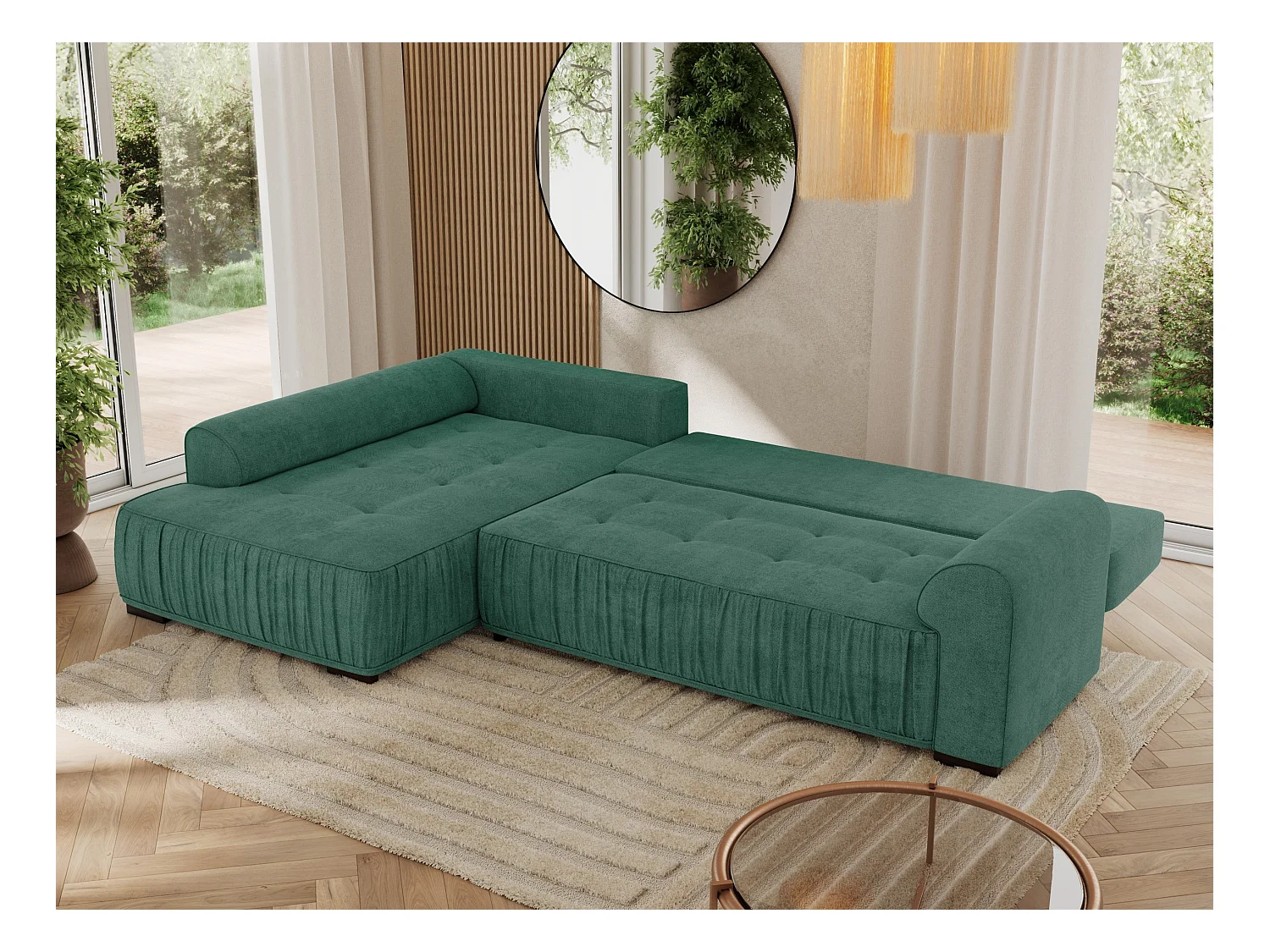 Ecksofa ORTA - Schlaffunktion und Bettkasten, lose Kissen, gesteppter Sitz, L-förmige Ecke - Grün Stukture - Ecke Links