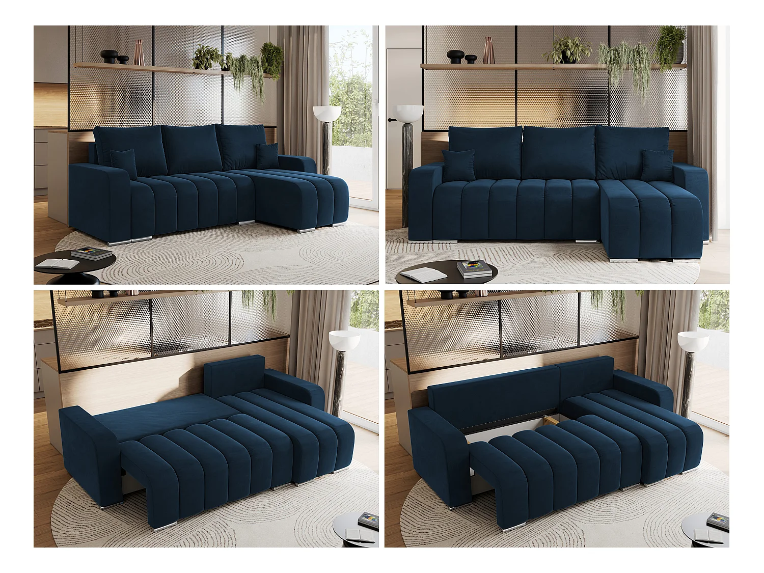Ecksofa KIRASSO - universelles mit Schlaffunktion und Bettkasten, lose Kissen, Armlehnen - Dunkelblau Velvet