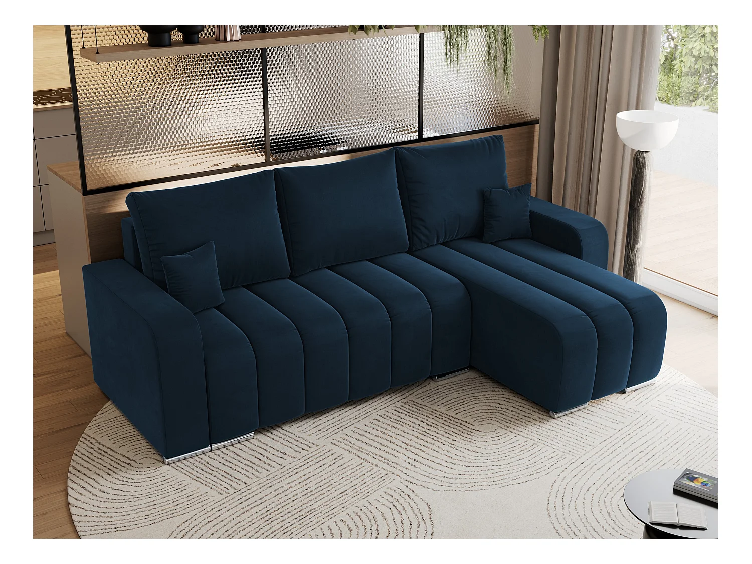 Ecksofa KIRASSO - universelles mit Schlaffunktion und Bettkasten, lose Kissen, Armlehnen - Dunkelblau Velvet
