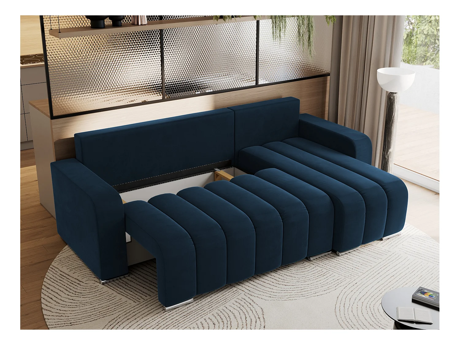 Ecksofa KIRASSO - universelles mit Schlaffunktion und Bettkasten, lose Kissen, Armlehnen - Dunkelblau Velvet