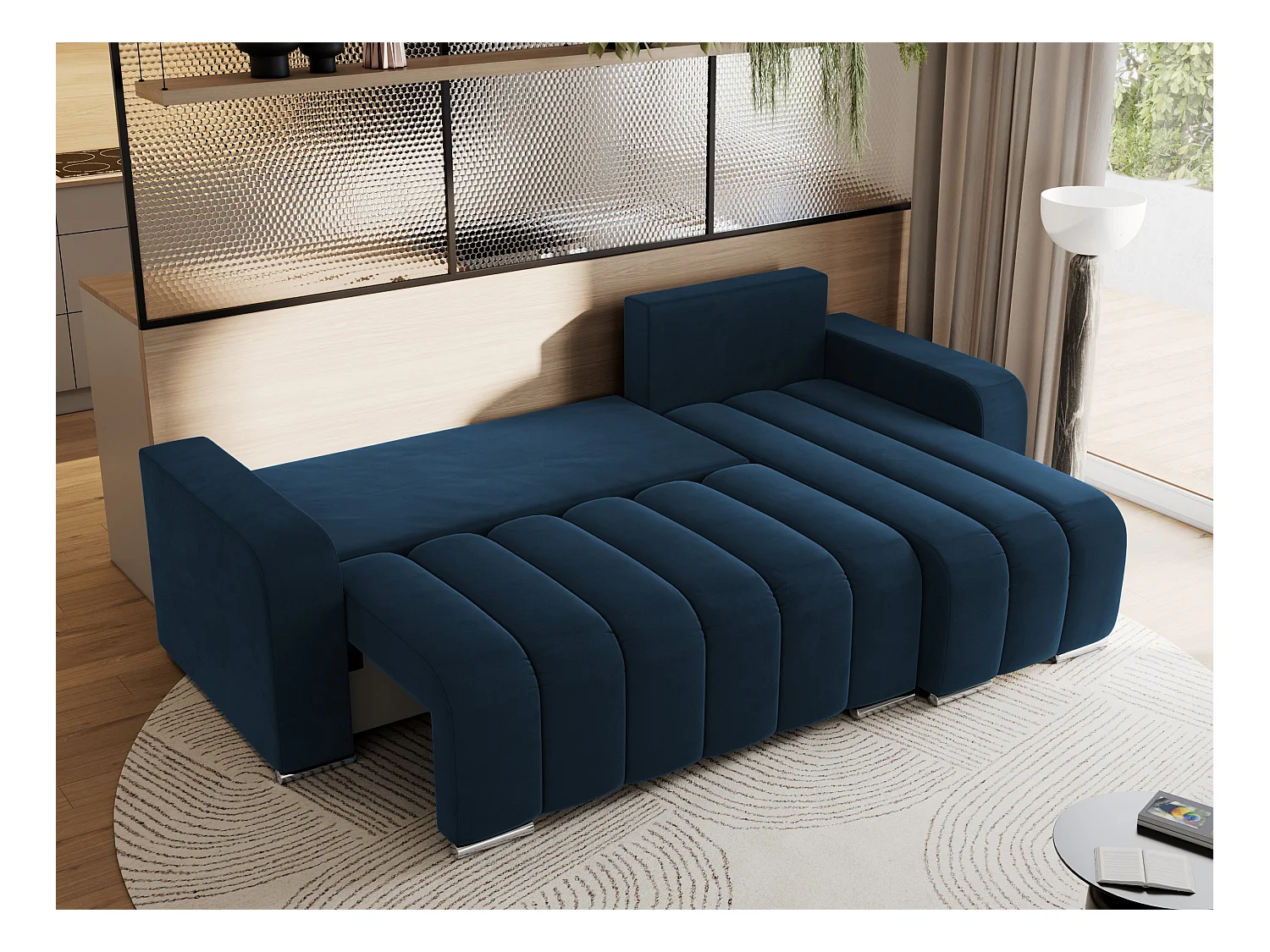 Ecksofa KIRASSO - universelles mit Schlaffunktion und Bettkasten, lose Kissen, Armlehnen - Dunkelblau Velvet