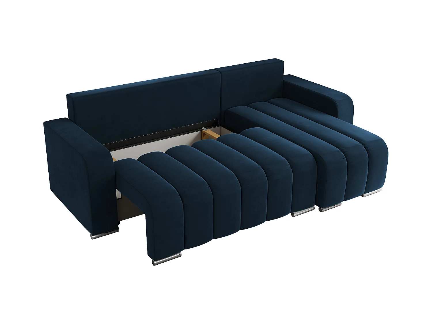 Ecksofa KIRASSO - universelles mit Schlaffunktion und Bettkasten, lose Kissen, Armlehnen - Dunkelblau Velvet