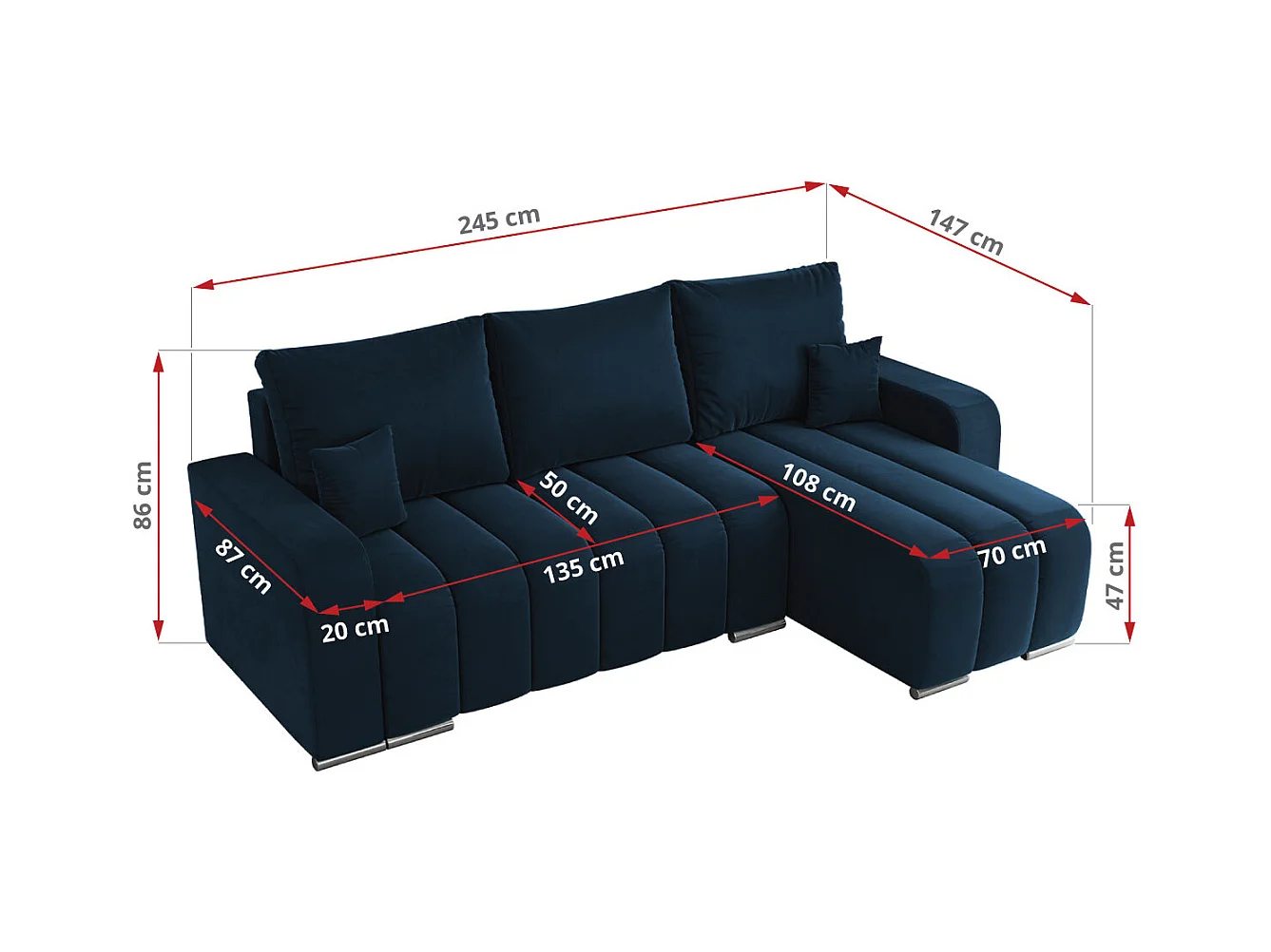 Ecksofa KIRASSO - universelles mit Schlaffunktion und Bettkasten, lose Kissen, Armlehnen - Dunkelblau Velvet