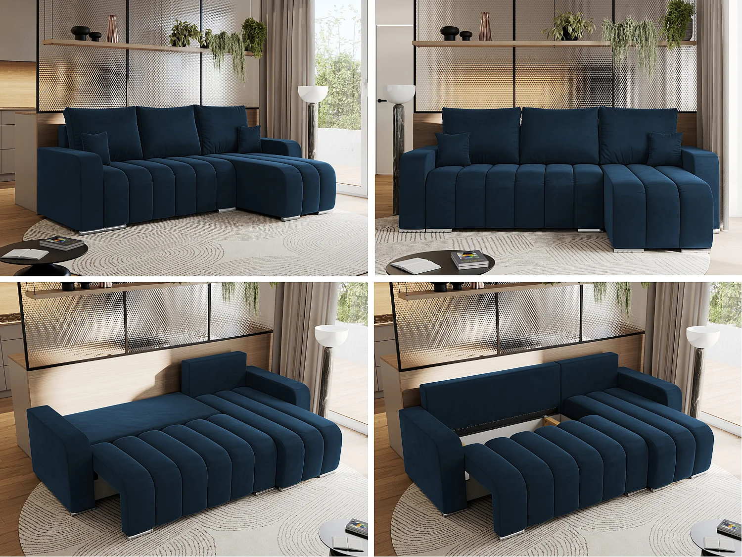 Ecksofa KIRASSO - universelles mit Schlaffunktion und Bettkasten, lose Kissen, Armlehnen - Dunkelblau Velvet