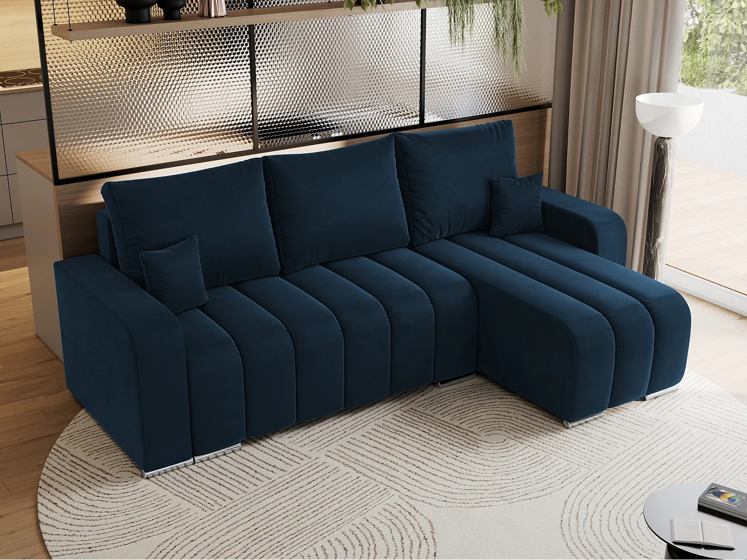 Ecksofa KIRASSO - universelles mit Schlaffunktion und Bettkasten, lose Kissen, Armlehnen - Dunkelblau Velvet