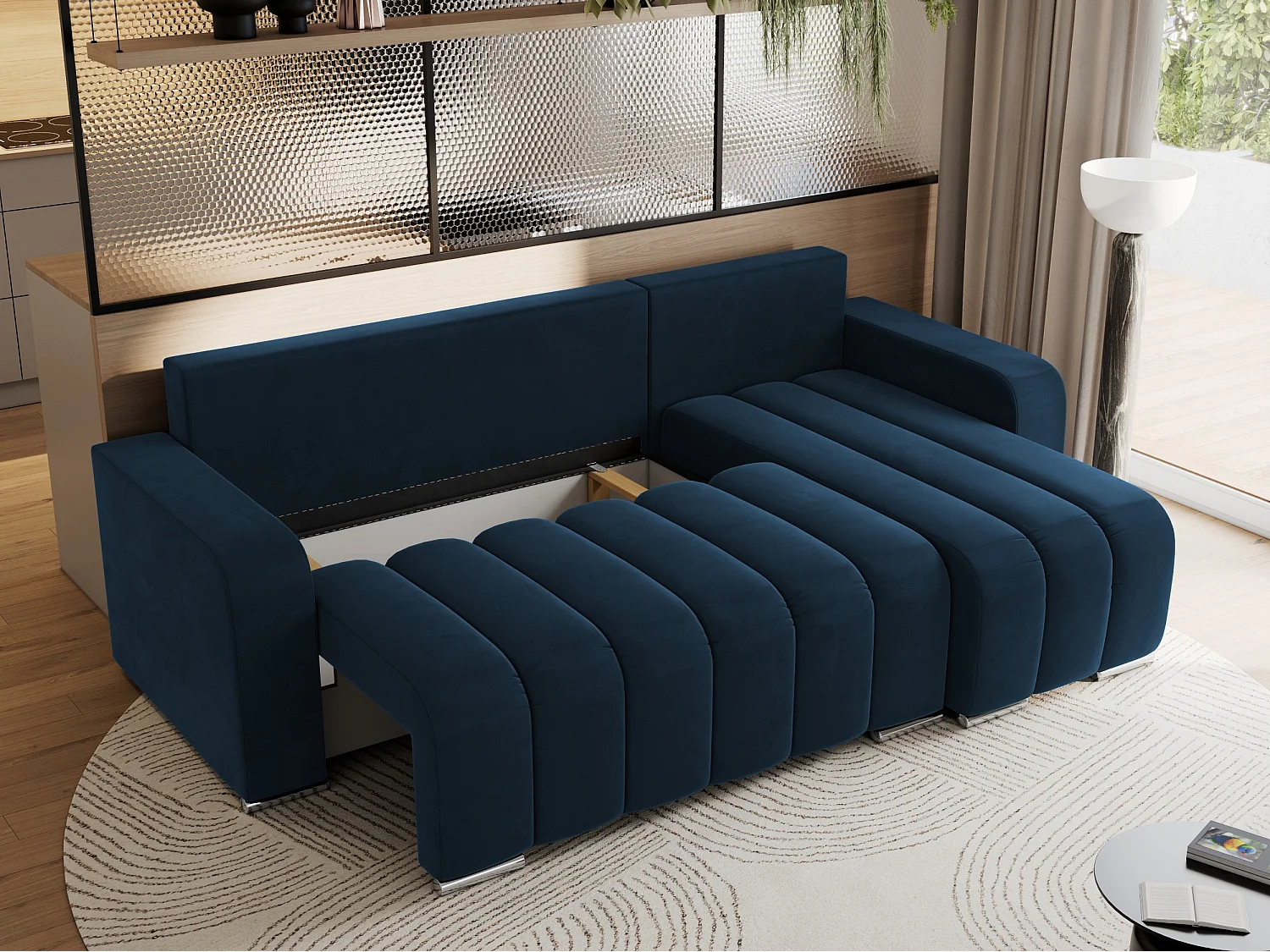 Ecksofa KIRASSO - universelles mit Schlaffunktion und Bettkasten, lose Kissen, Armlehnen - Dunkelblau Velvet