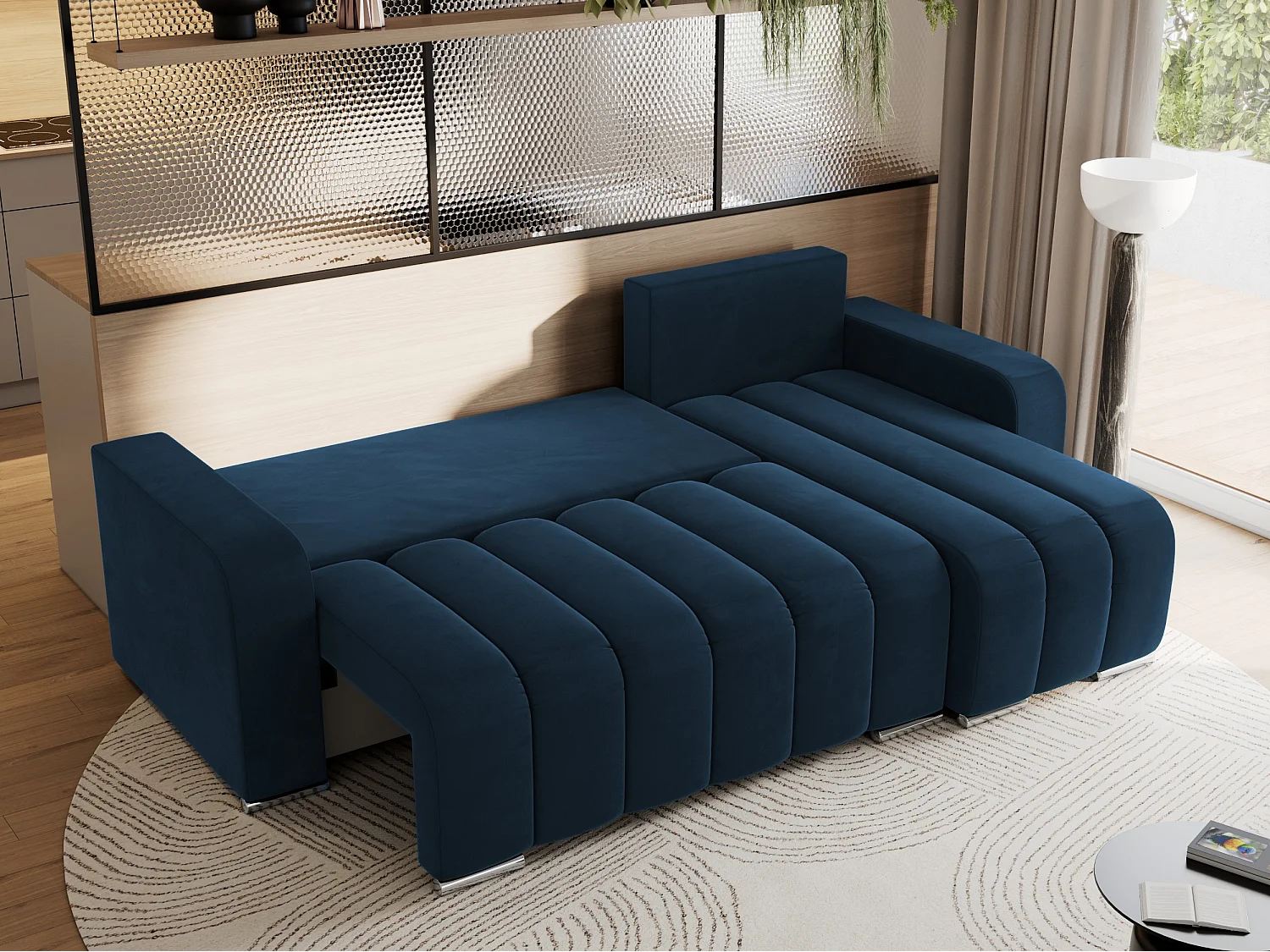 Ecksofa KIRASSO - universelles mit Schlaffunktion und Bettkasten, lose Kissen, Armlehnen - Dunkelblau Velvet