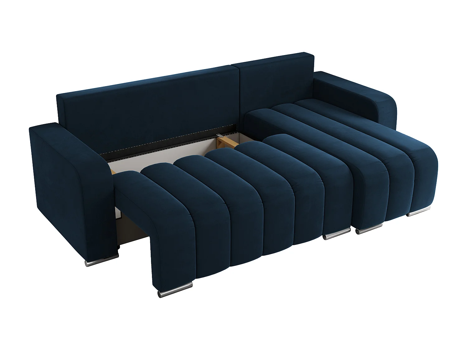 Ecksofa KIRASSO - universelles mit Schlaffunktion und Bettkasten, lose Kissen, Armlehnen - Dunkelblau Velvet