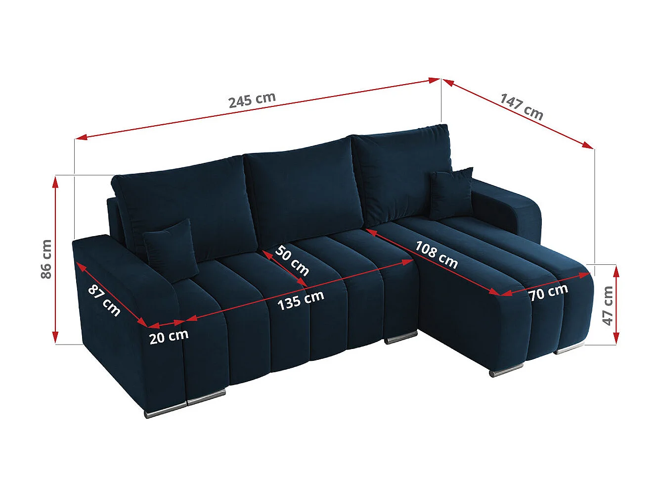 Ecksofa KIRASSO - universelles mit Schlaffunktion und Bettkasten, lose Kissen, Armlehnen - Dunkelblau Velvet