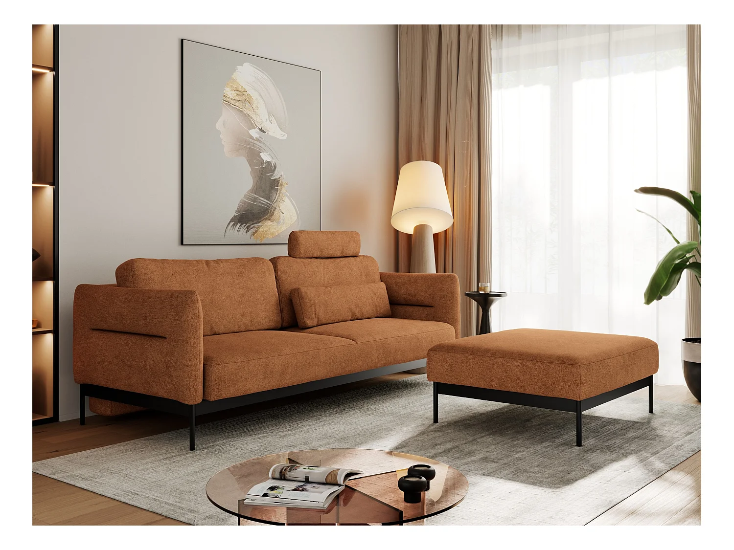 Ecksofa SALENTO - mit Metallbeine, Schlafsofa, mobilen Fußhocker, lose Kissen - Orange Struktur