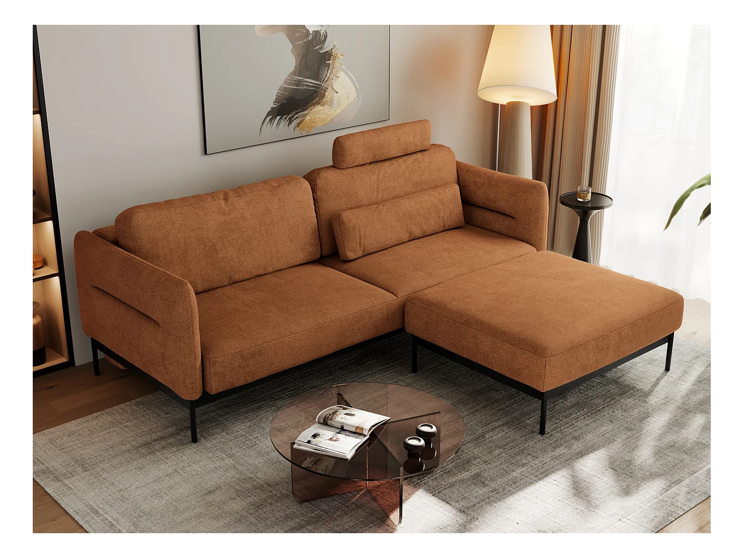 Ecksofa SALENTO - mit Metallbeine, Schlafsofa, mobilen Fußhocker, lose Kissen - Orange Struktur