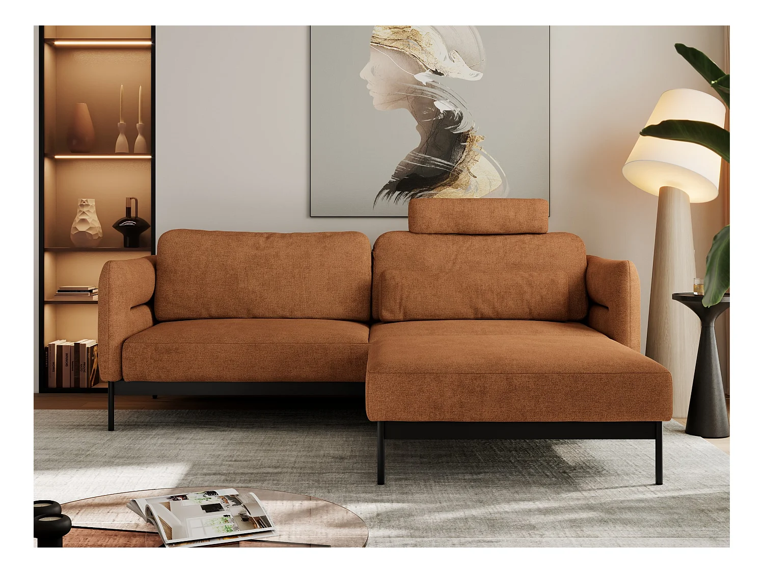 Ecksofa SALENTO - mit Metallbeine, Schlafsofa, mobilen Fußhocker, lose Kissen - Orange Struktur