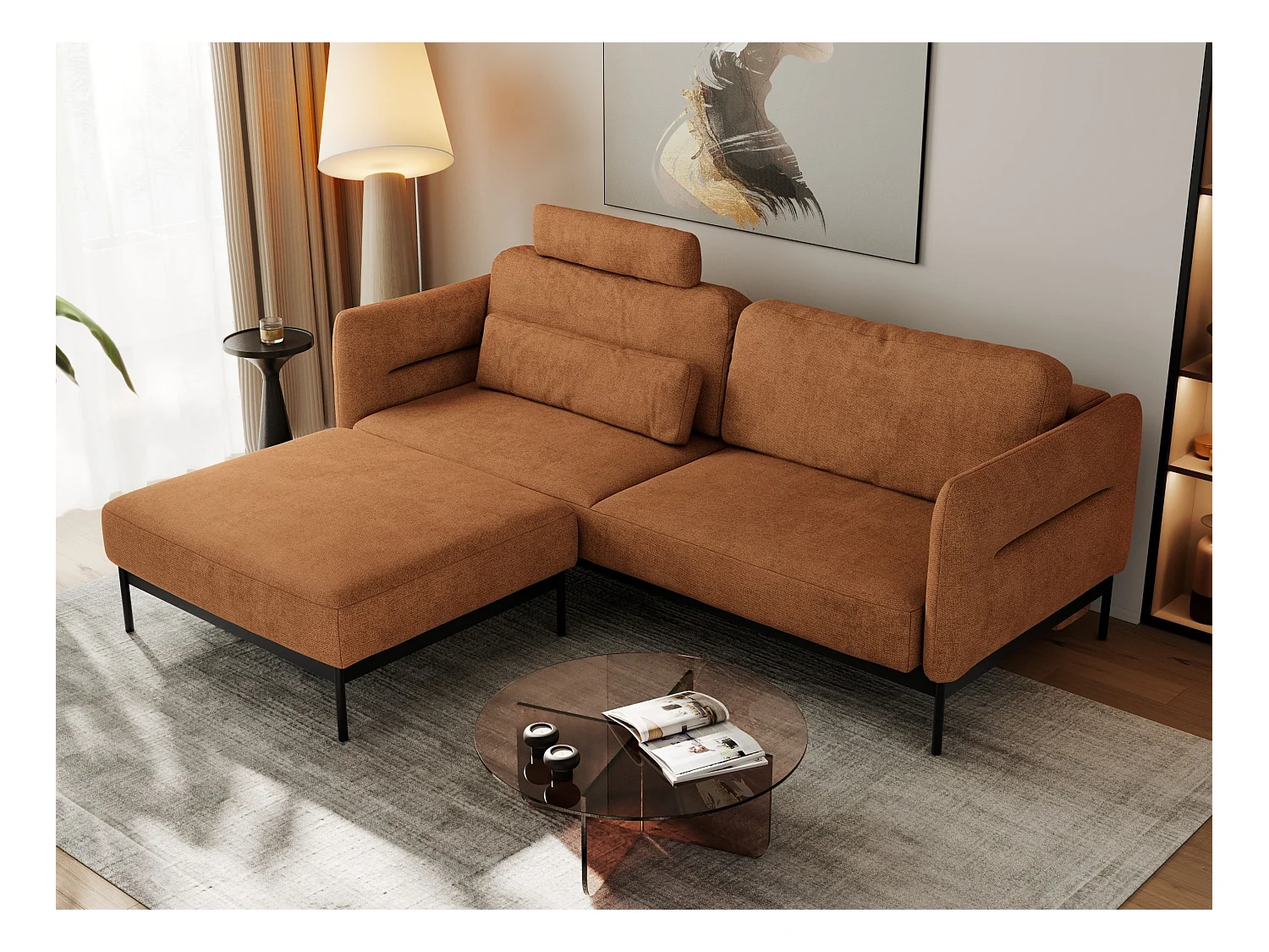 Ecksofa SALENTO - mit Metallbeine, Schlafsofa, mobilen Fußhocker, lose Kissen - Orange Struktur