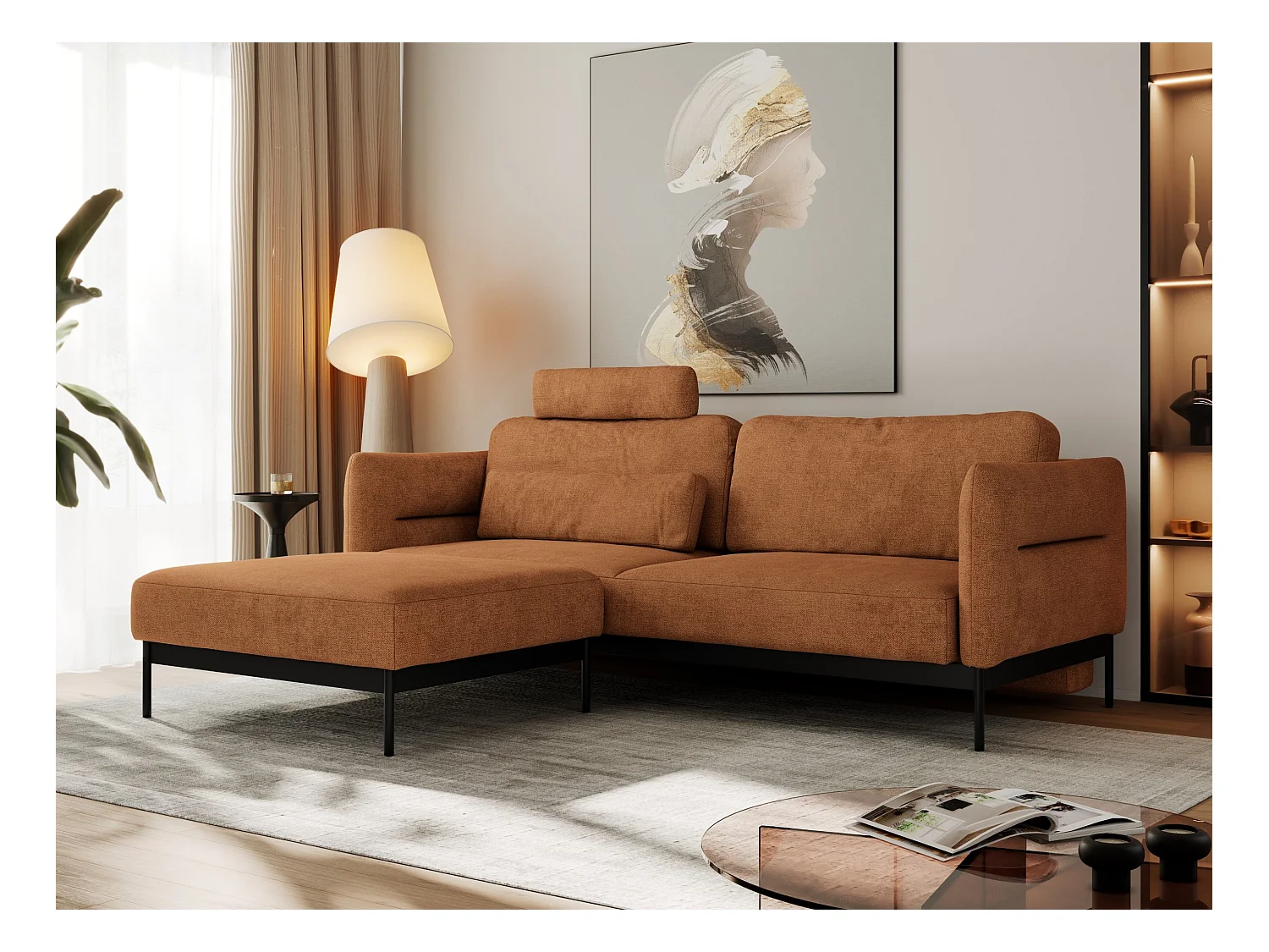 Ecksofa SALENTO - mit Metallbeine, Schlafsofa, mobilen Fußhocker, lose Kissen - Orange Struktur