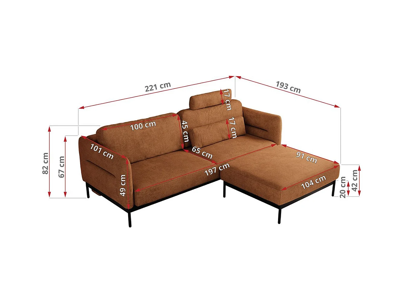 Ecksofa SALENTO - mit Metallbeine, Schlafsofa, mobilen Fußhocker, lose Kissen - Orange Struktur