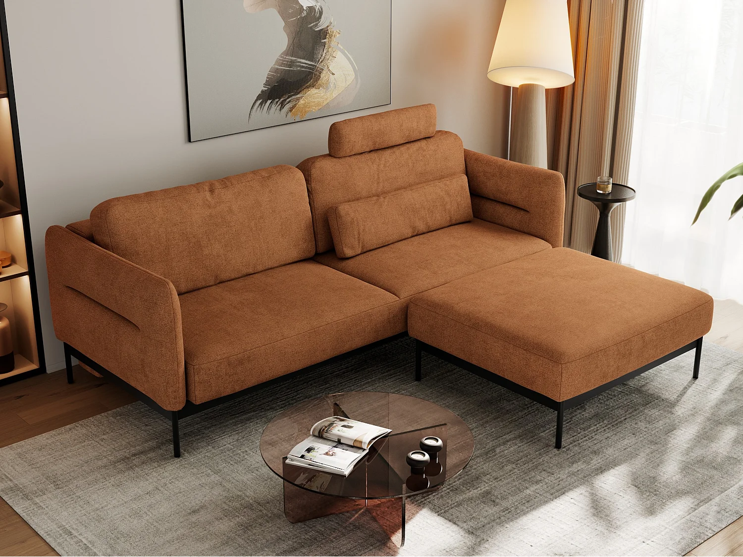 Ecksofa SALENTO - mit Metallbeine, Schlafsofa, mobilen Fußhocker, lose Kissen - Orange Struktur