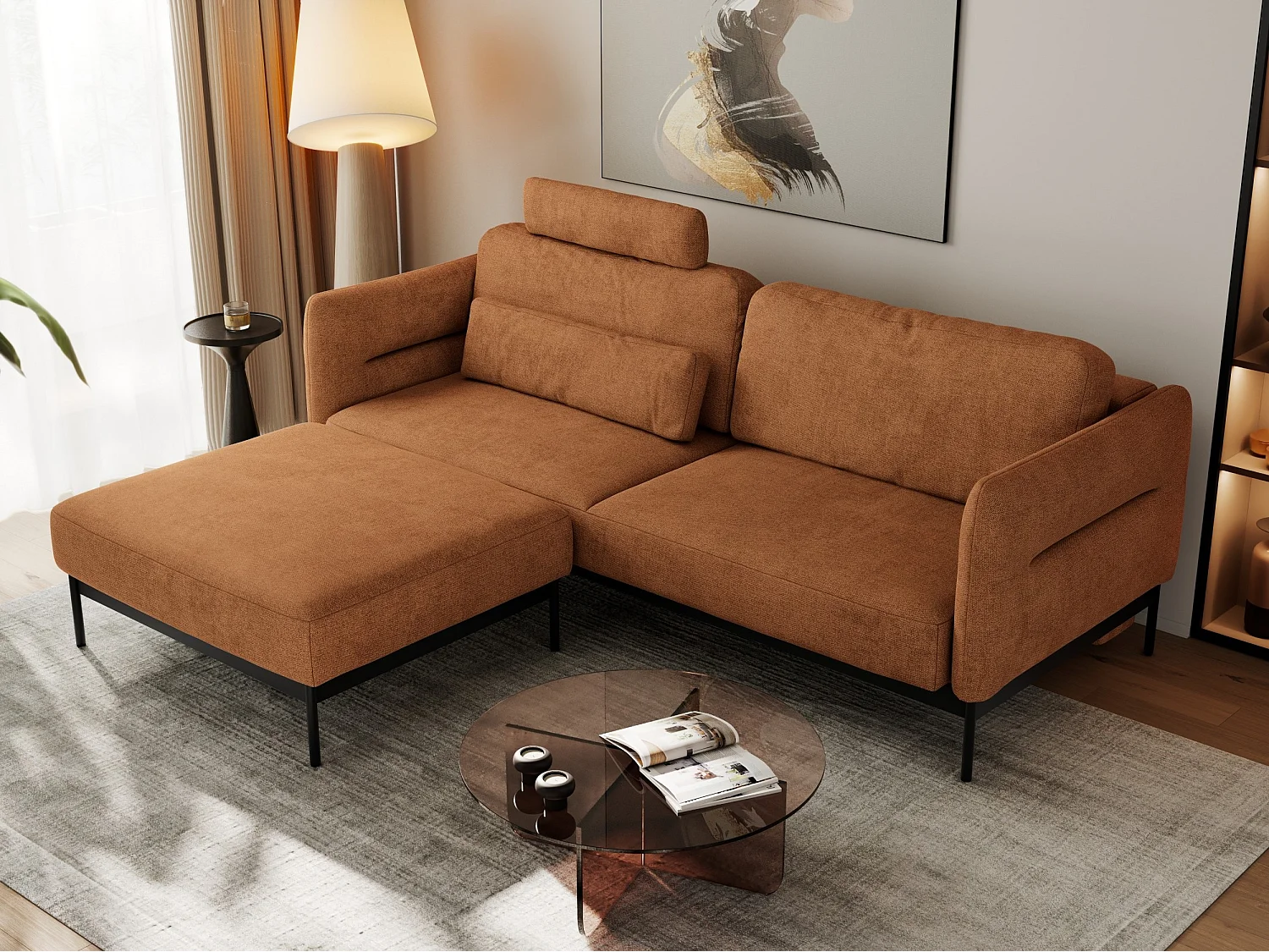 Ecksofa SALENTO - mit Metallbeine, Schlafsofa, mobilen Fußhocker, lose Kissen - Orange Struktur