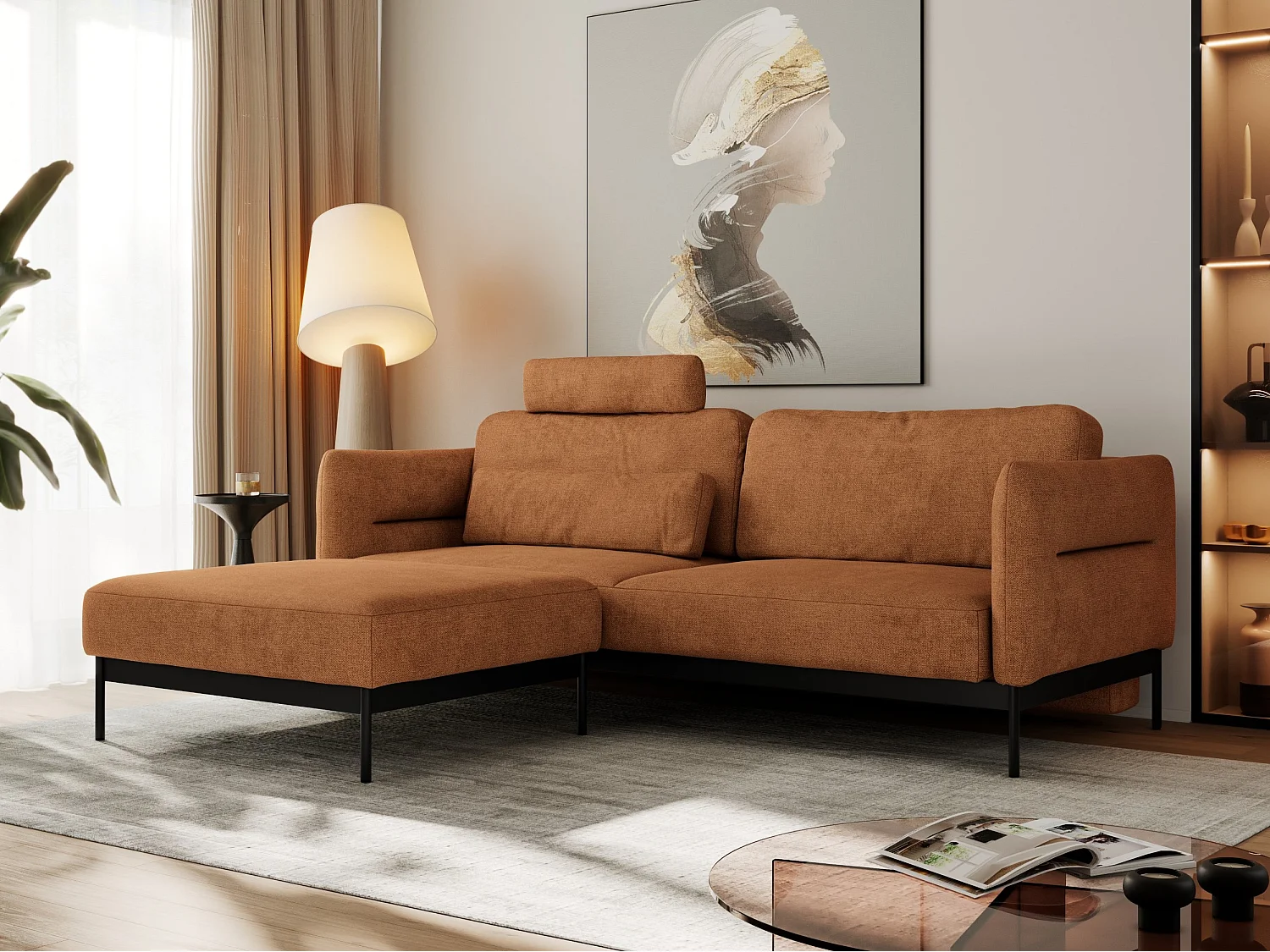 Ecksofa SALENTO - mit Metallbeine, Schlafsofa, mobilen Fußhocker, lose Kissen - Orange Struktur