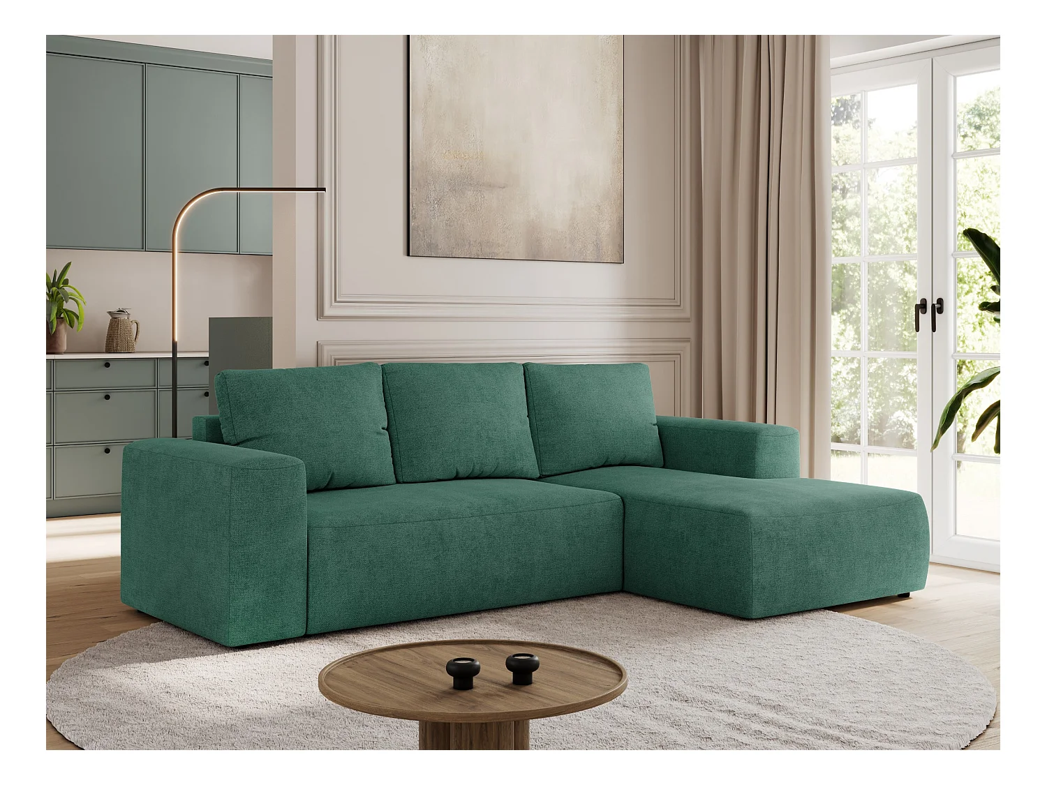 Ecksofa TRENTINO - mit Schlaffunktion und Bettkasten, L-form Couch, lose Kissen und Armlehnen - Grün Stukture - Ecke Rechts