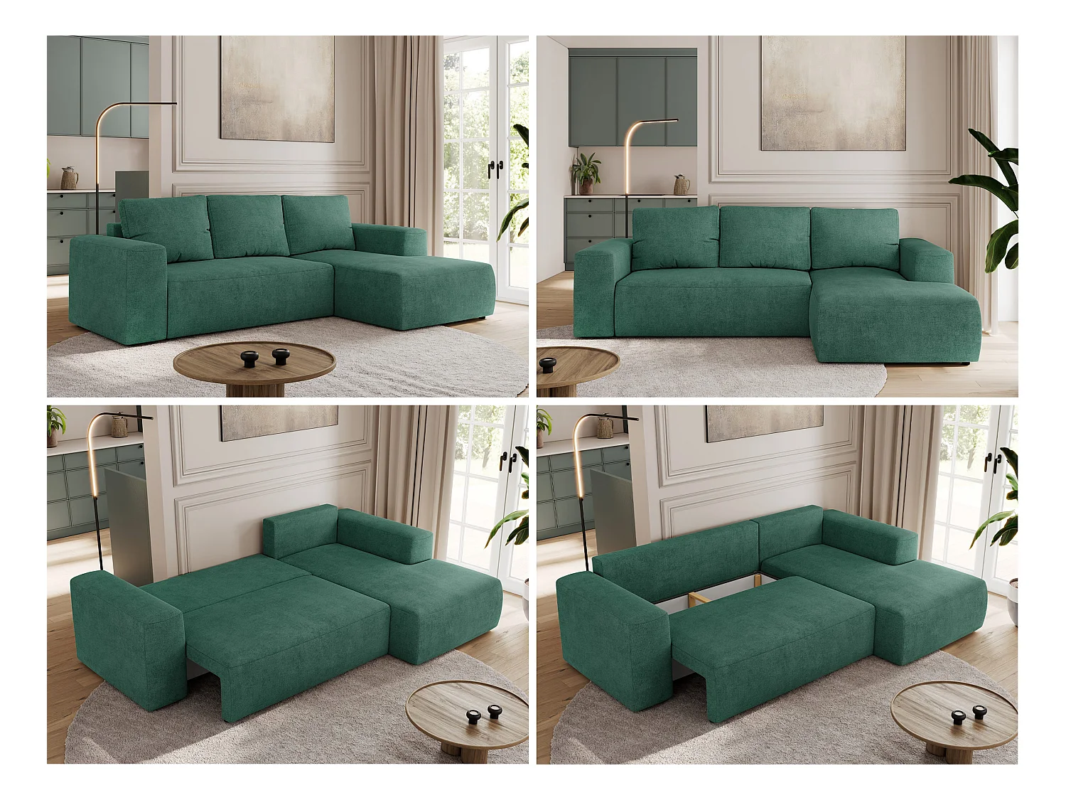 Ecksofa TRENTINO - mit Schlaffunktion und Bettkasten, L-form Couch, lose Kissen und Armlehnen - Grün Stukture - Ecke Rechts