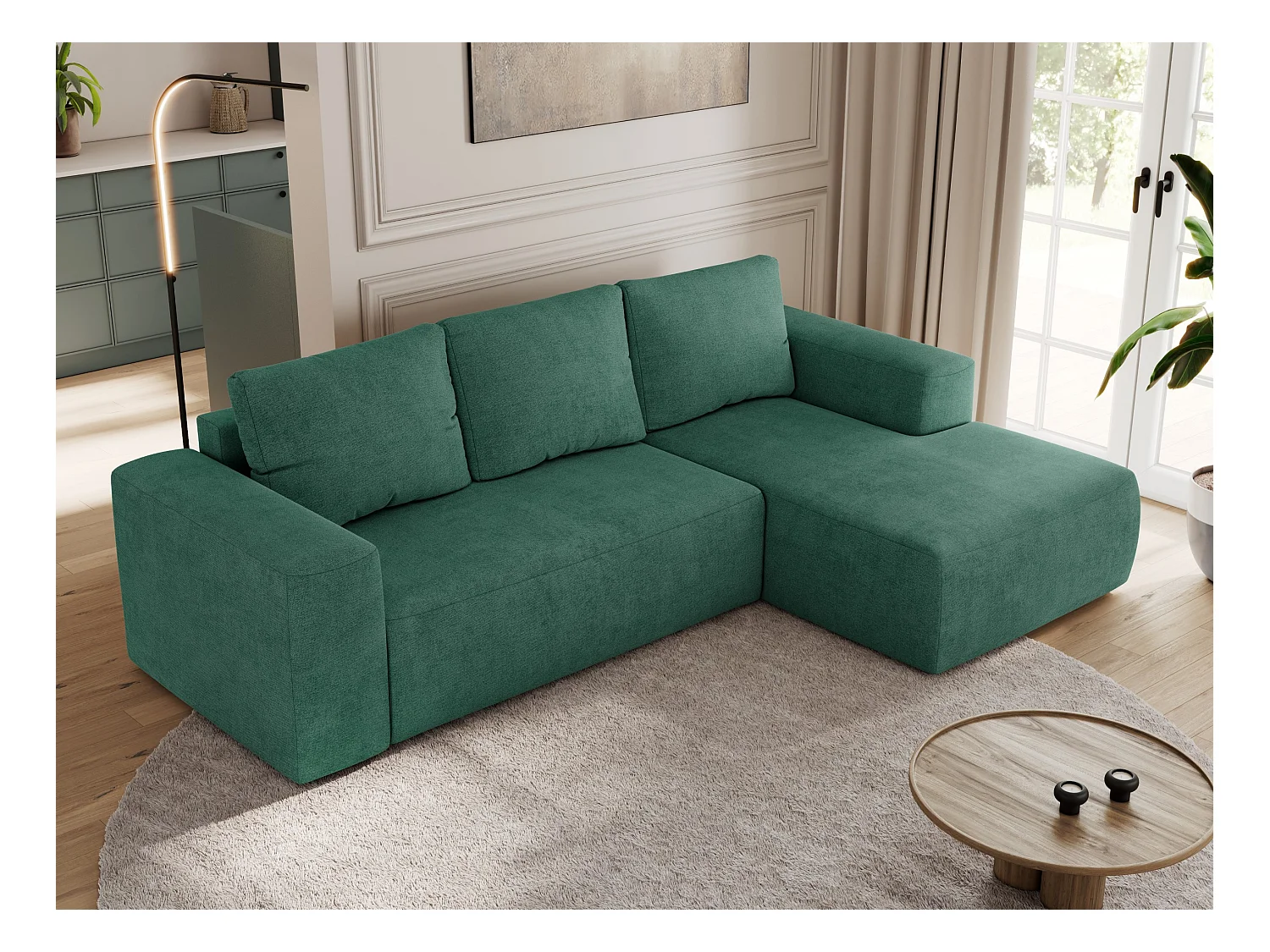 Ecksofa TRENTINO - mit Schlaffunktion und Bettkasten, L-form Couch, lose Kissen und Armlehnen - Grün Stukture - Ecke Rechts