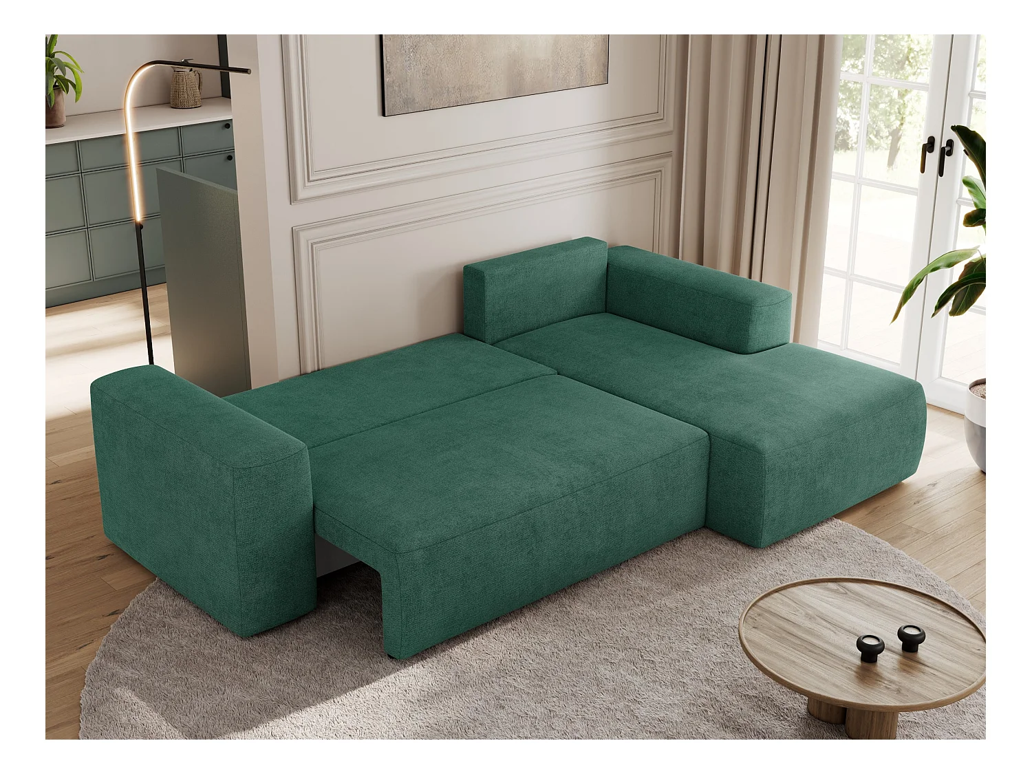 Ecksofa TRENTINO - mit Schlaffunktion und Bettkasten, L-form Couch, lose Kissen und Armlehnen - Grün Stukture - Ecke Rechts