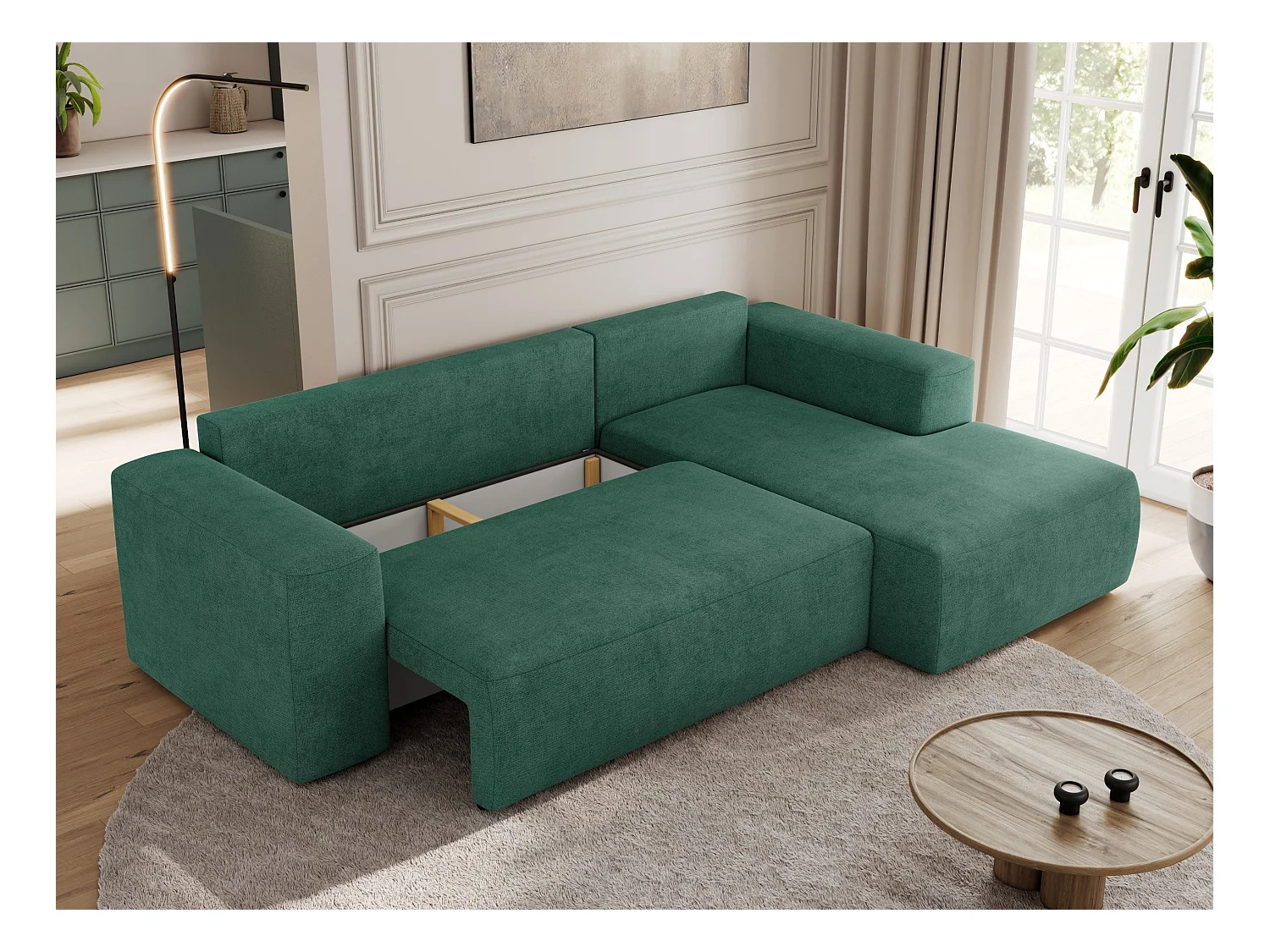 Ecksofa TRENTINO - mit Schlaffunktion und Bettkasten, L-form Couch, lose Kissen und Armlehnen - Grün Stukture - Ecke Rechts