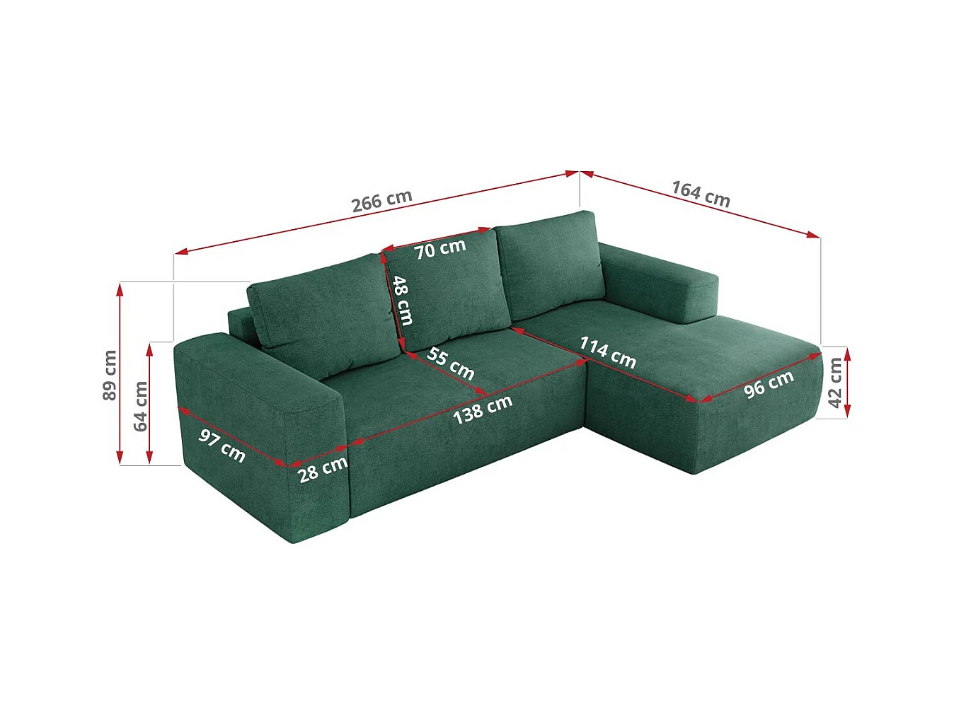 Ecksofa TRENTINO - mit Schlaffunktion und Bettkasten, L-form Couch, lose Kissen und Armlehnen - Grün Stukture - Ecke Rechts
