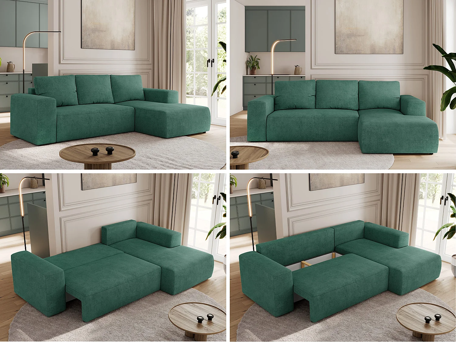 Ecksofa TRENTINO - mit Schlaffunktion und Bettkasten, L-form Couch, lose Kissen und Armlehnen - Grün Stukture - Ecke Rechts