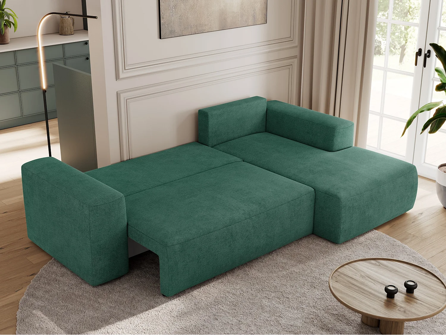 Ecksofa TRENTINO - mit Schlaffunktion und Bettkasten, L-form Couch, lose Kissen und Armlehnen - Grün Stukture - Ecke Rechts