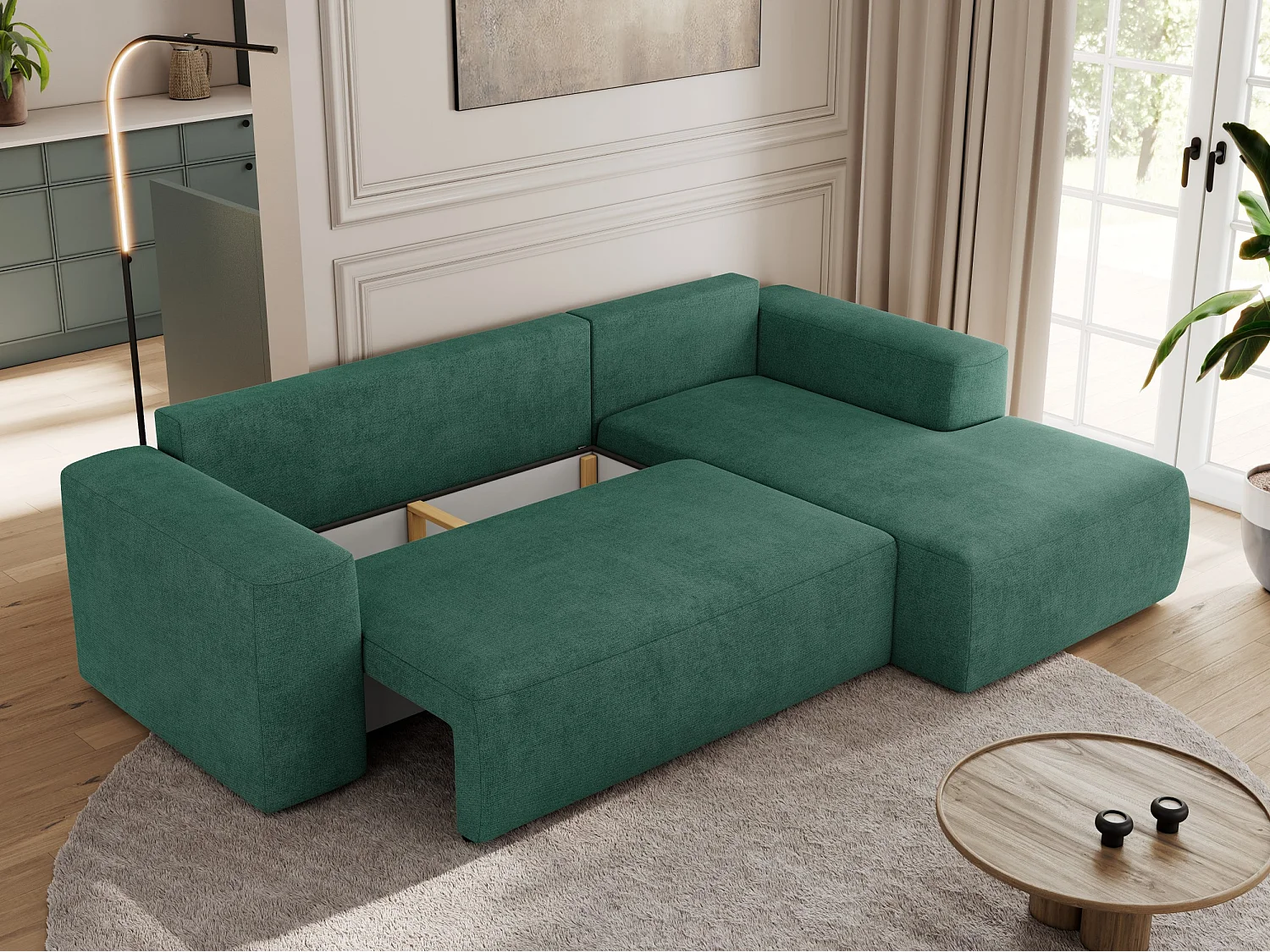 Ecksofa TRENTINO - mit Schlaffunktion und Bettkasten, L-form Couch, lose Kissen und Armlehnen - Grün Stukture - Ecke Rechts