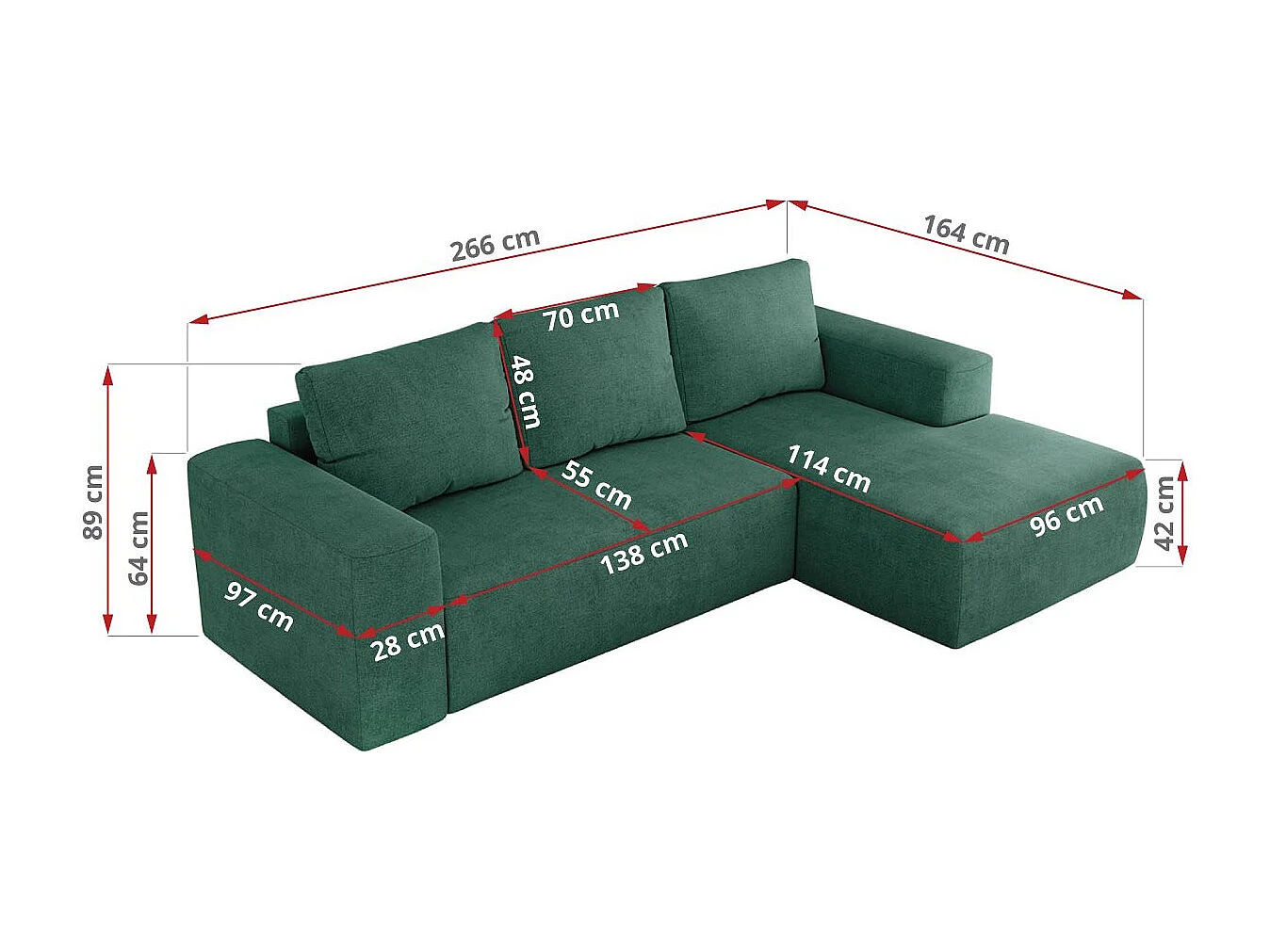 Ecksofa TRENTINO - mit Schlaffunktion und Bettkasten, L-form Couch, lose Kissen und Armlehnen - Grün Stukture - Ecke Rechts