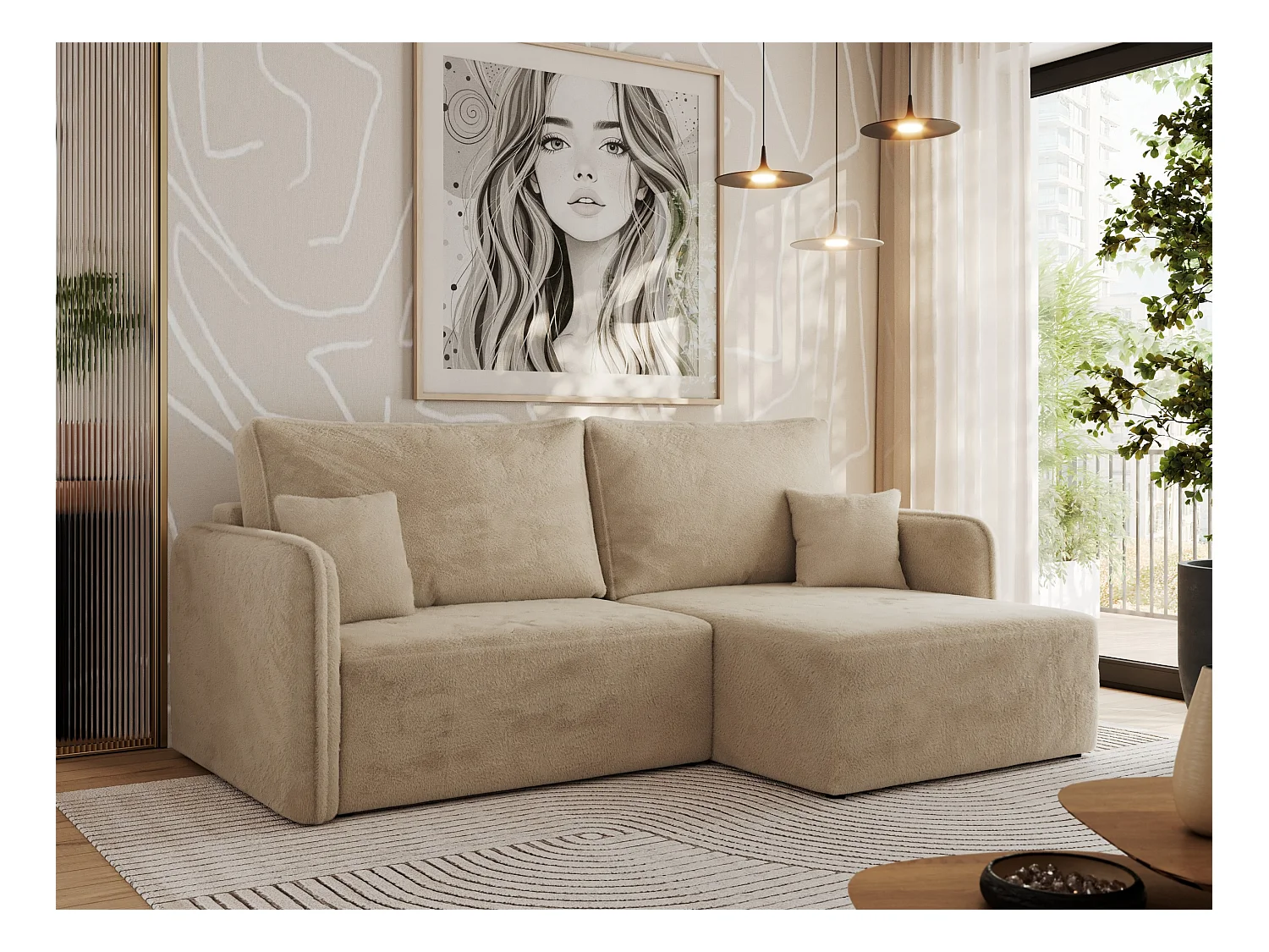 Ecksofa MESTO - Schlaffunktion und Bettkasten, L-form Couch für das Wohnzimmer, Armlehnen - Beige Plüsch - Ecke Rechts
