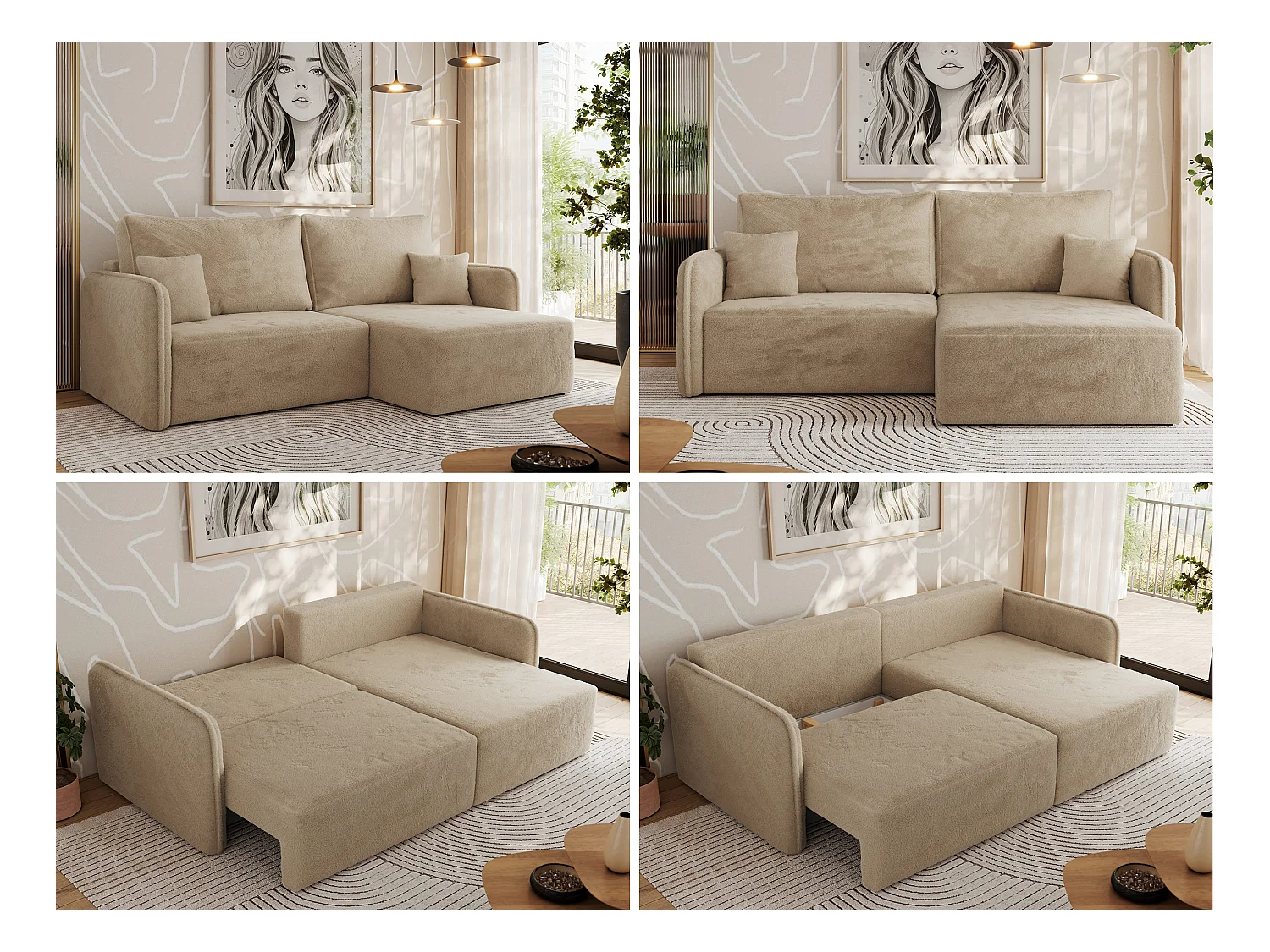 Ecksofa MESTO - Schlaffunktion und Bettkasten, L-form Couch für das Wohnzimmer, Armlehnen - Beige Plüsch - Ecke Rechts